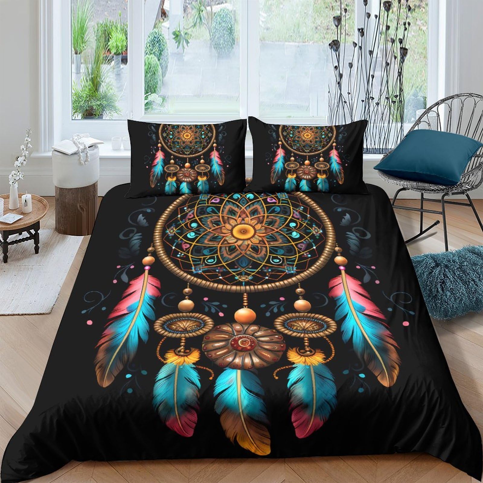 GPLZQXKJNH 3D Printed Dreamcatcher Duvet Cover Microfiber Soft Breathable Feather Quilt Cover Set with 2 Pillowcases for Bedroom Decor Single（135x200cm）