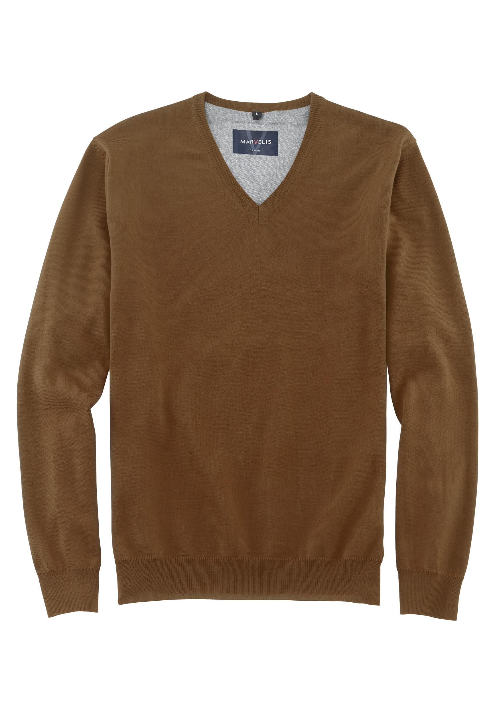 Marvelis Pull décontracté pour homme - Col en V - Couleur unie - Marron, marron, XL