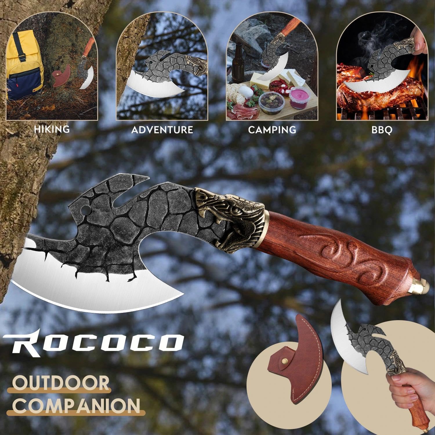 ROCOCO Viking Cleaver Knife Birthday - Butcher Meat Cutting Boning Knife Hand Forged Chinese Kitchen Axe with Sheath Home Outdoor BBQ Camping Chirstmas Mother Father Gift Men