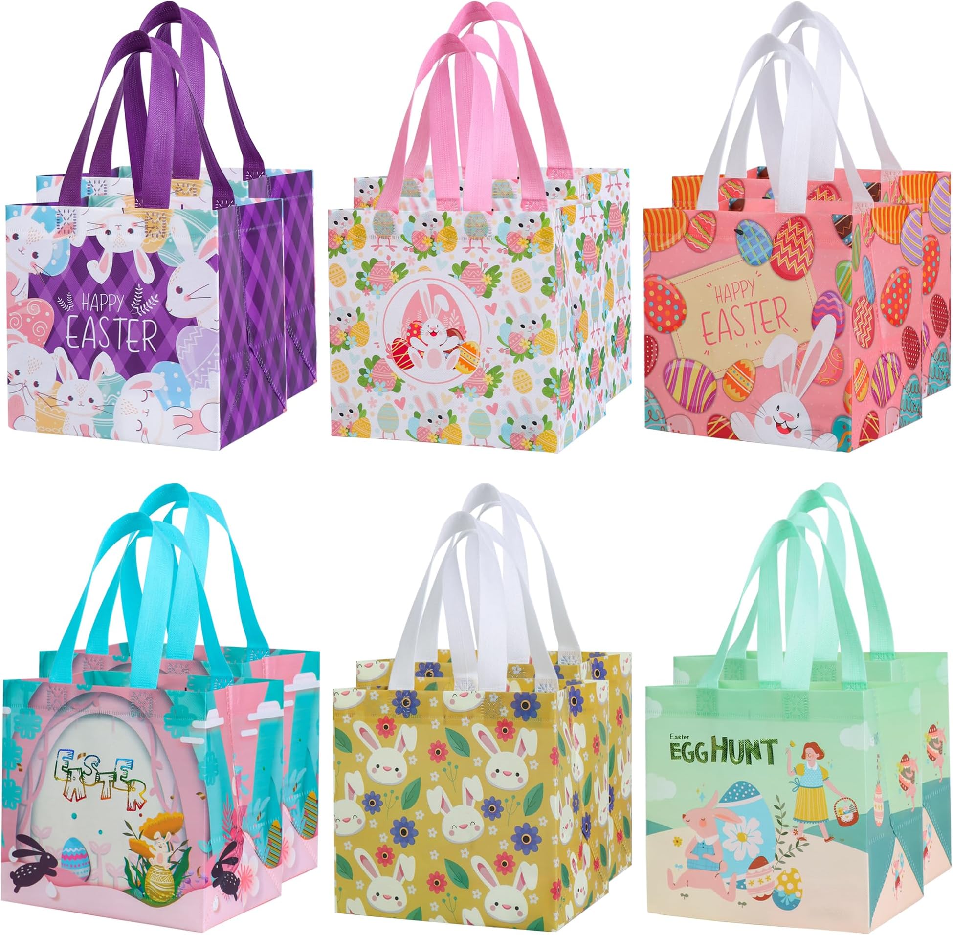 Sozize 12 Pieces Easter Eggs Hunt Bags Easter Bunny Gift Bags Non-Woven Easter Bunny Treat Bags Easter Tote Bags with Handles 8.1×7.9×5.9 Inch for Easter Gifts Wrapping Party Supplies, 6 Styles