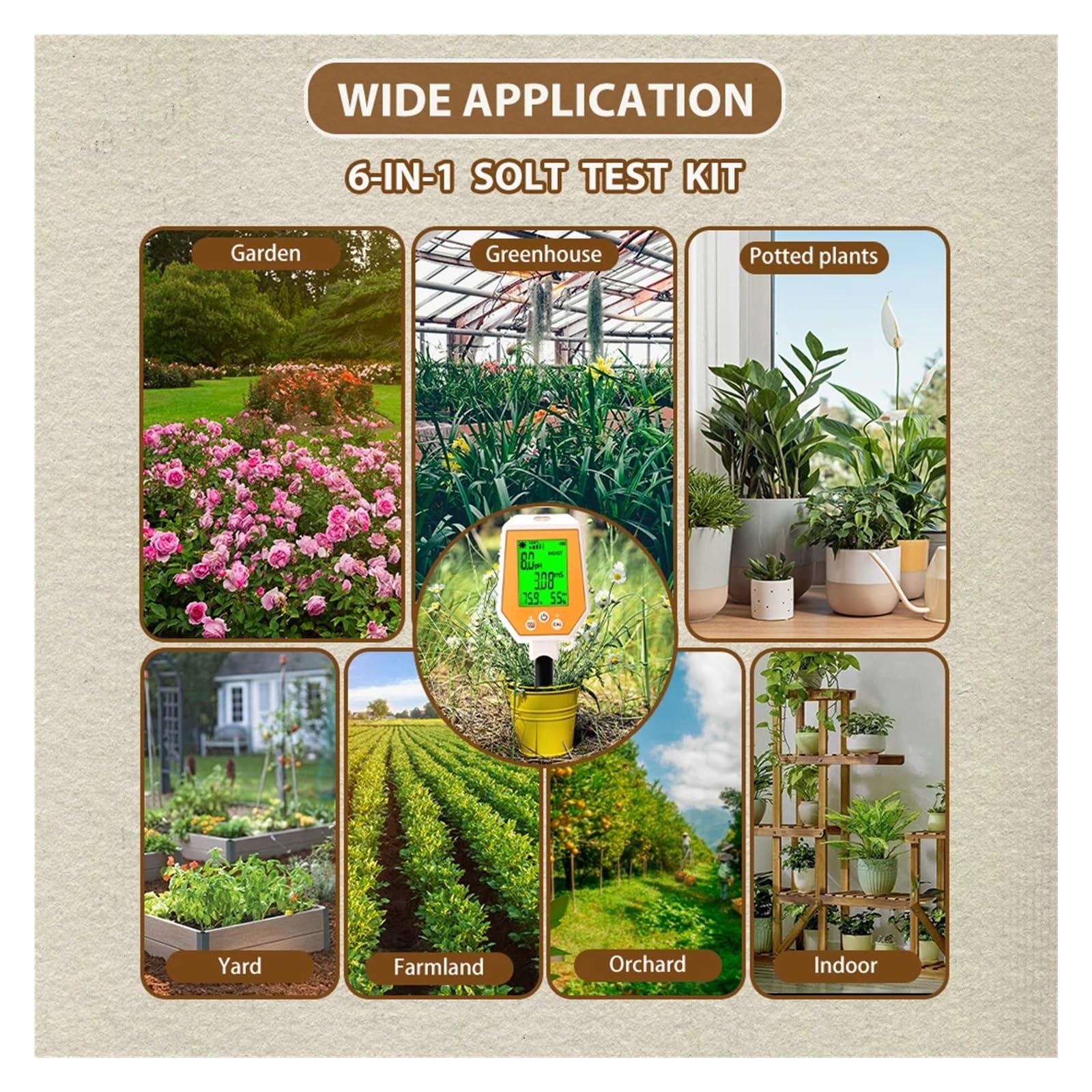 Medidor De Suelo 6 En 1: PH, CE, Humedad, Luz Solar, Humedad Del Aire Y Temperatura. Medidor De PH Y Conductividad De Alta Precisión For Jardinería Y Agricultura.