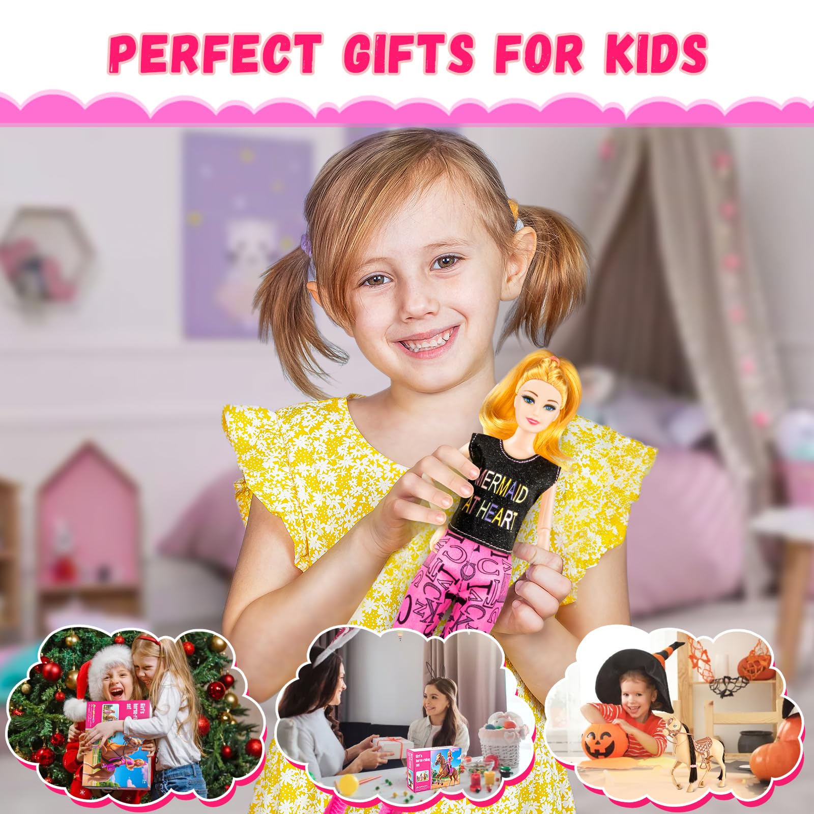 Juego de 60 piezas de caballo de muñeca, muñeca rubia de moda (11.5 pulgadas) en accesorios de muñeca Helemt y caballo marrón claro con cabeza móvil, silla de montar, brida y riendas, para edades de 3 7