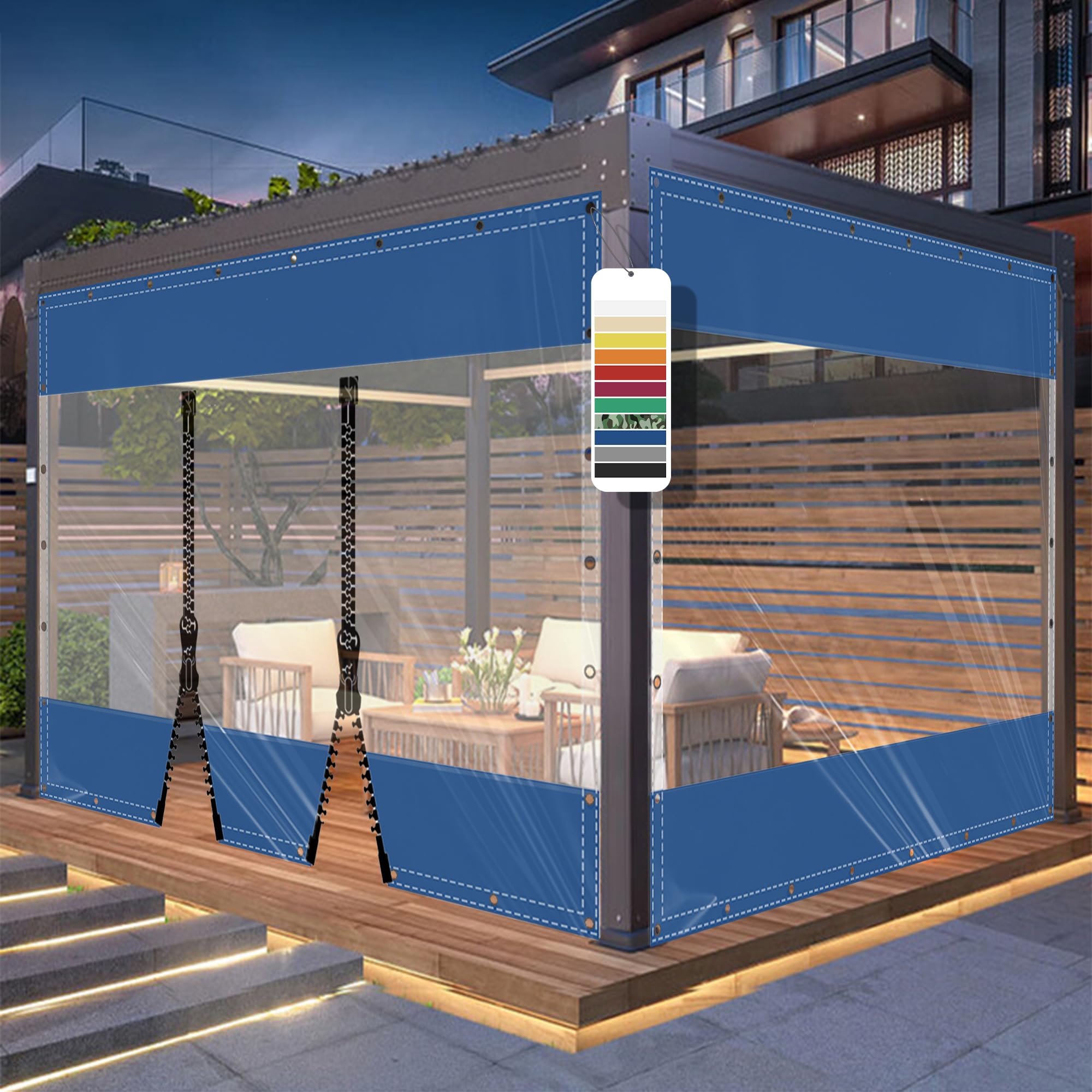 AMXFS Transparent tarpaulin with eyelets, crystal clear patio tarpaulin made of 580g/㎡ PVC Blue H2.2mxL2.8m Outdoor Curtain Weatherproof Waterproof Rain Cover without Zipper