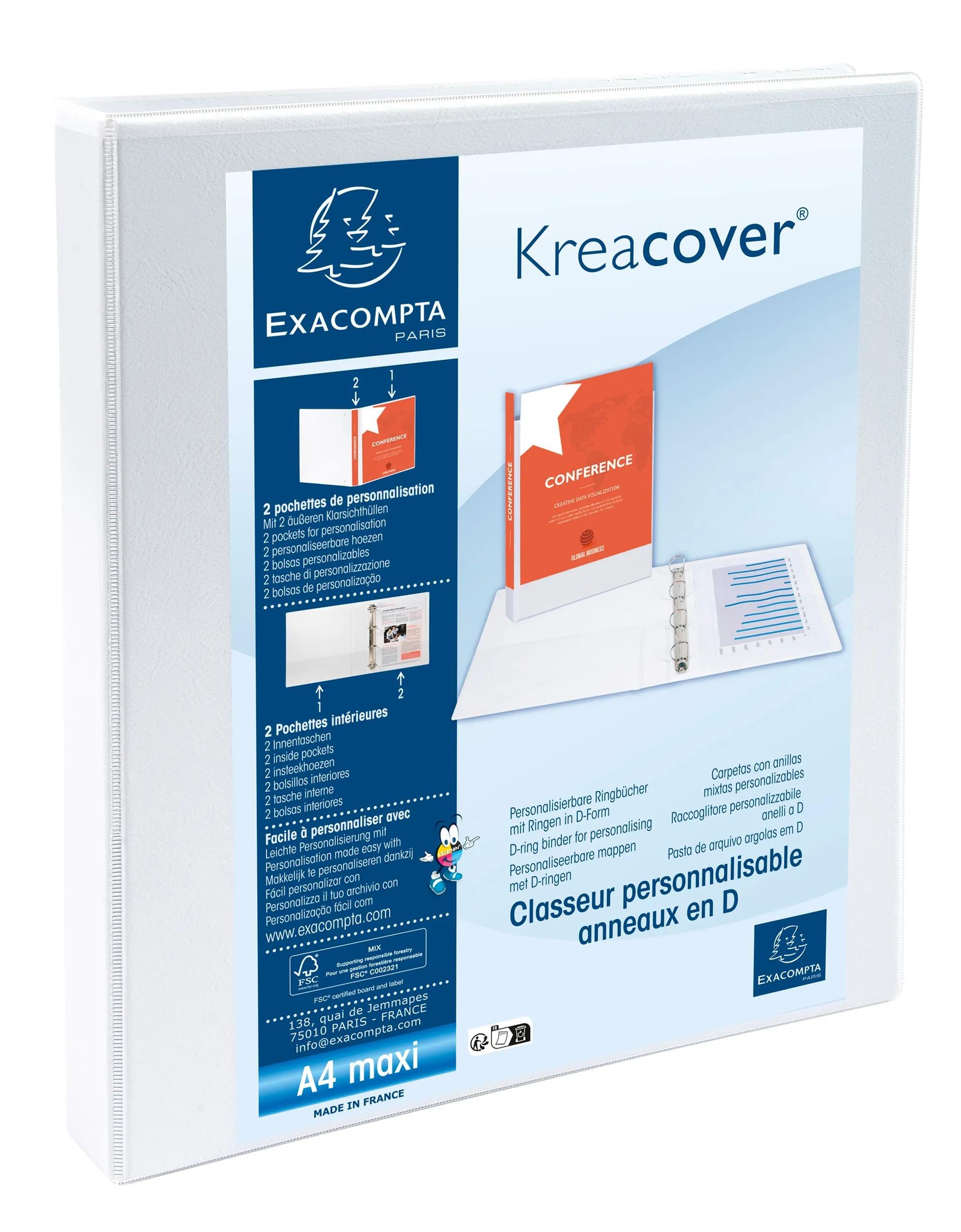 Exacompta - Ref 54940E - Box of 10 Customizable Binders 2 Pockets - 2 x 16mm D-Rings - Spine 38mm - External Dimensions: 32 x 27.3 cm - A4 Maxi File Format - White