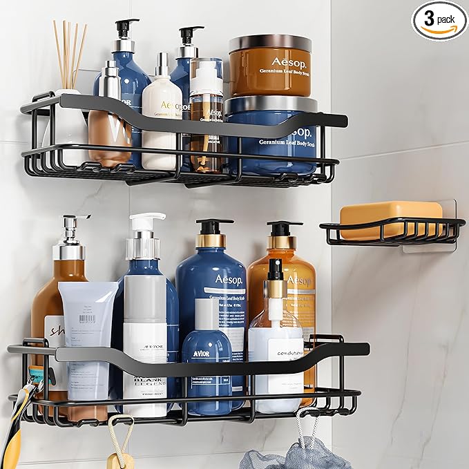 OMAIRA Adhesive Shower Caddy, 3-Pack with Soap Holder,No Drill Bathroom Organizers, Wall Mounted Shower Shelves for Bathroom, Kitchen, Countertop, Black