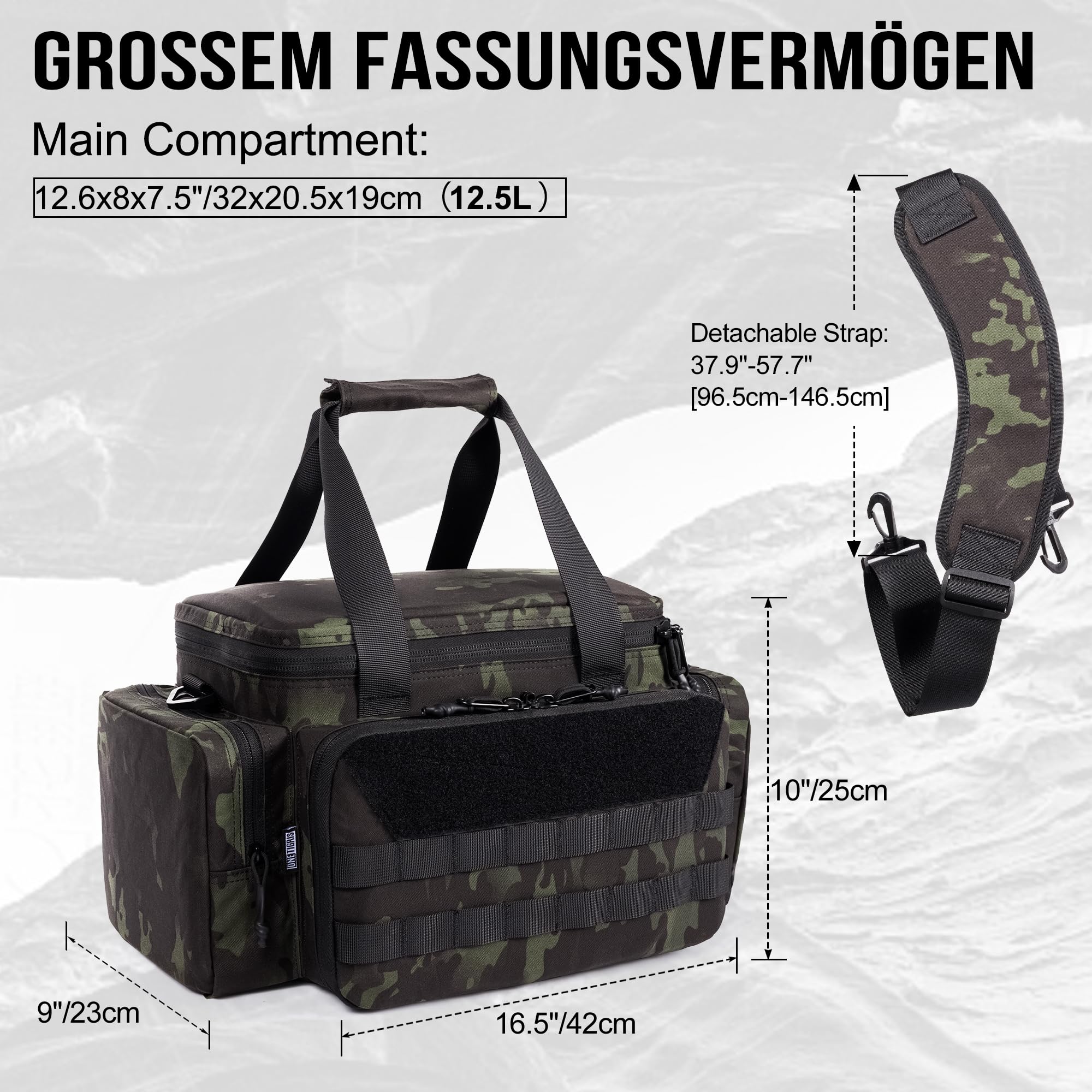 OneTigris Range Bag, torba policyjna, torba taktyczna, torba na broń do polowania, strzelnicy, wędkarstwa, wędrówek, aktywności na świeżym powietrzu, Camo czarny, 45cm x 25cm x 23cm, Sportowy