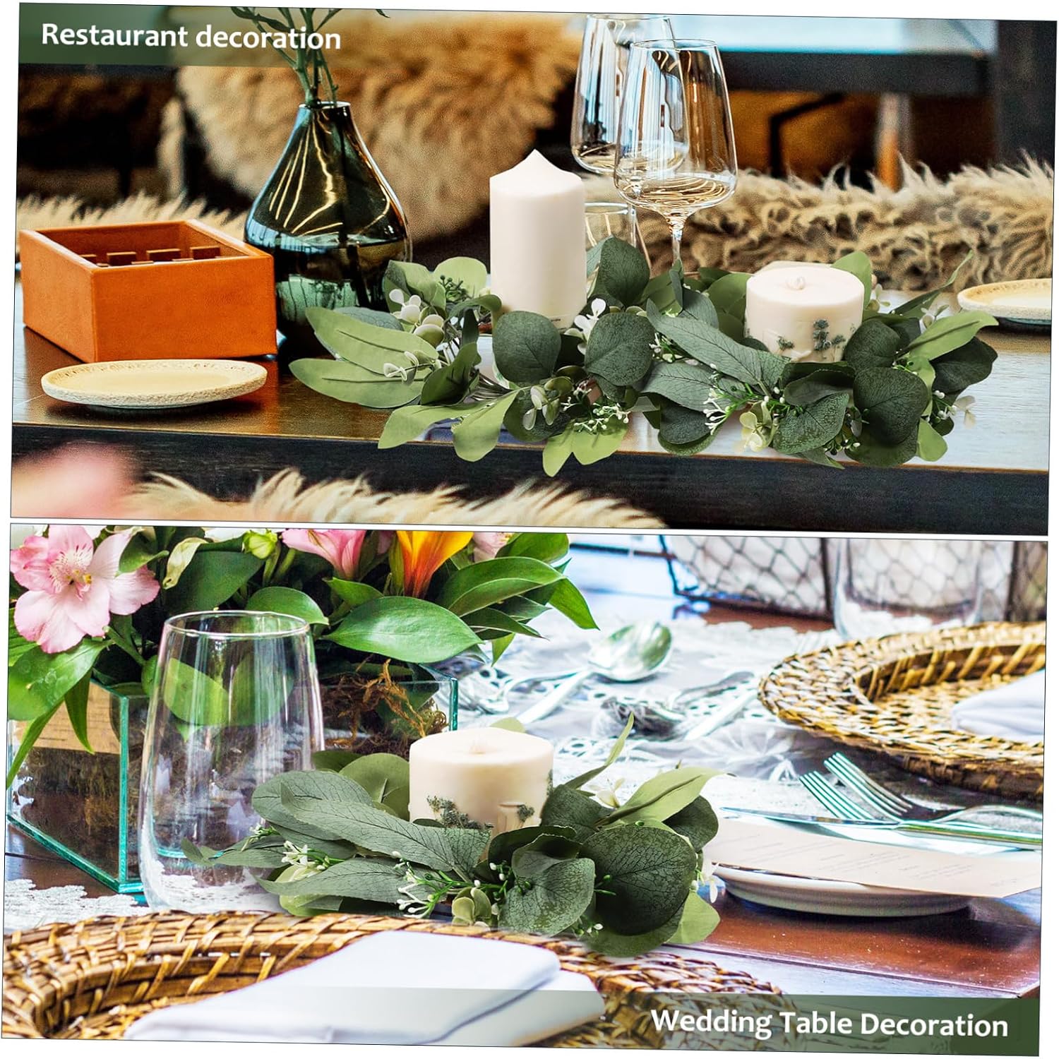 Cabilock 2 Pcs Reusable Artificial Eucalyptus Candle Rings Wreaths Silk Wreaths for Table Centerpieces Wedding Party Decorations Soft Realistic Flower Design