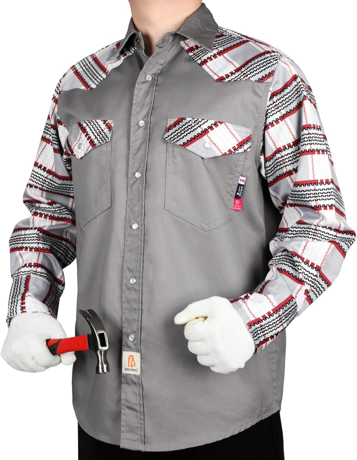 BOCOMAL FR Shirts Pearl Snaps Two Tone Plaid/Solid Flame Resistant Cotton Welding Shirt NFPA 2112 CAT 2