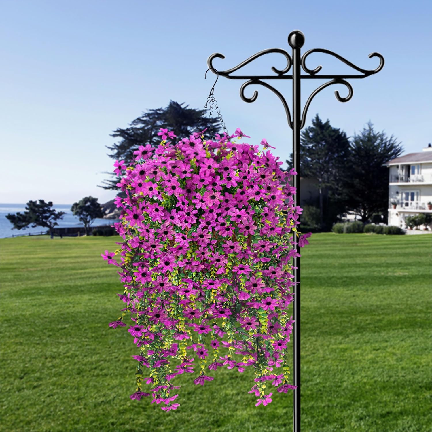 Fake Artificial Hanging Flowers for Outdoors Fake Plants Decoration, 2 Bundles Faux Silk Colorful Daisy Eucalyptus Realistic UV Resistant for Outside Home Planter Porch Patio Yard Decor(Purple) - Image 5