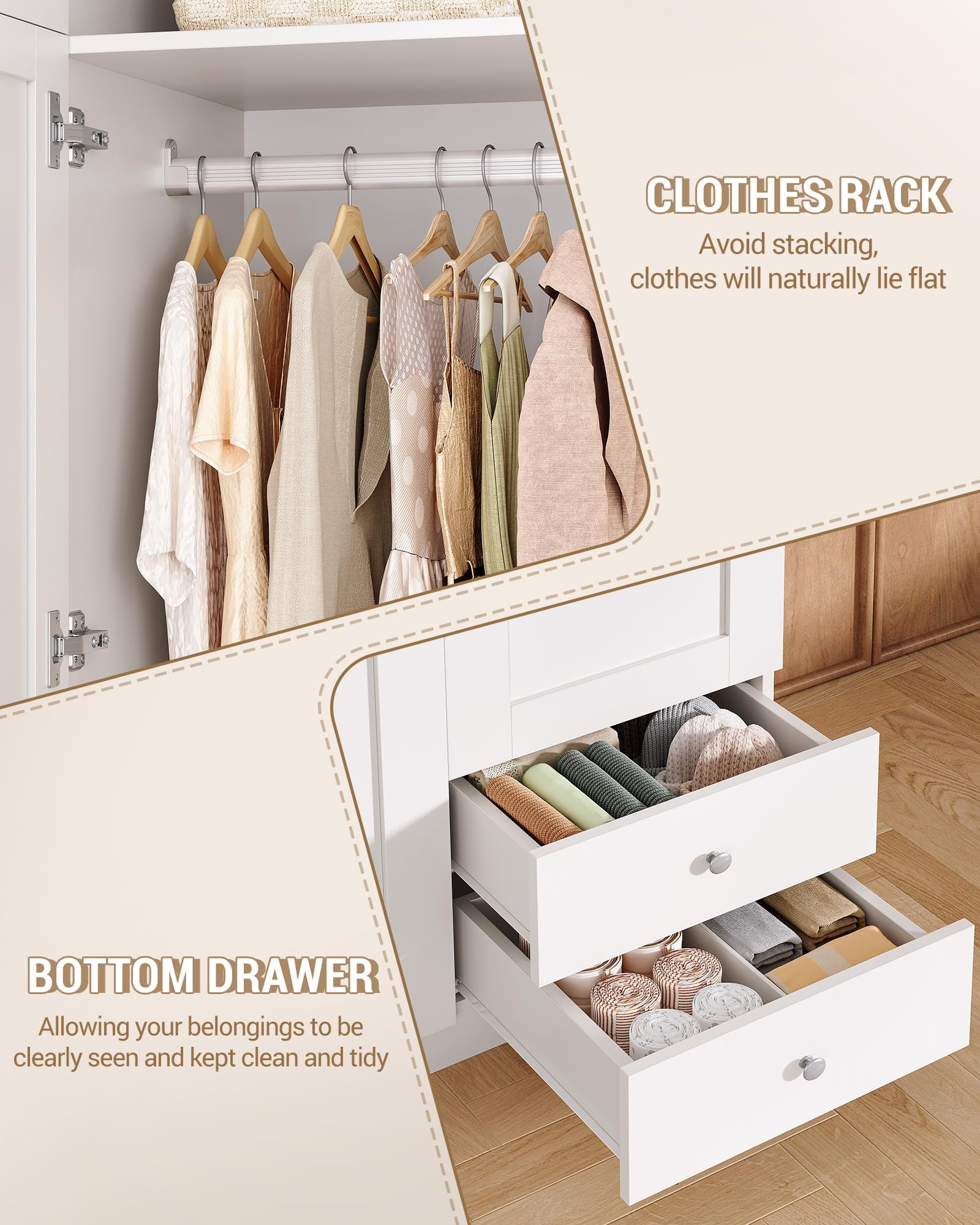 Hzuaneri Armoire avec 4 Portes 2 Tiroirs, Armoire avec Tringle et Étagère de Rangement, Penderie pour Chambre à Coucher, Chambre d'amis et Petits Espaces, Blanc, BW08003E
