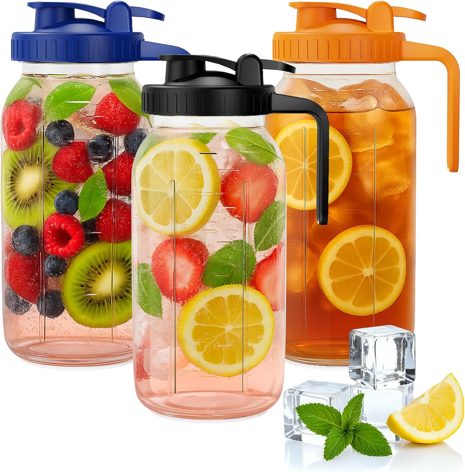 64oz Mason Jar Pitcher - Airtight & Leakproof Glass Pitchers with Handle and Lid, Perfect for Breastmilk, Cold Brew and Sun Tea for Outside,2 Quart Mason Jar with Pour Spout Lid,1/2 Gallon Water Jug