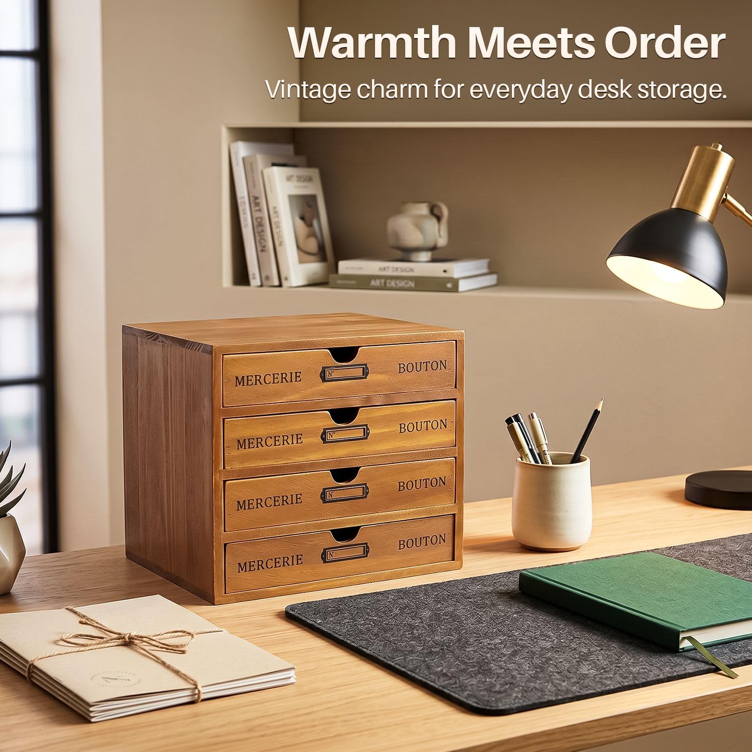 Flexzion Organizador de suministros de oficina de escritorio de madera con 4 cajones de almacenamiento, gabinete de mesa de madera de 4 niveles, decoración de vanidad, herramienta de arte y correo