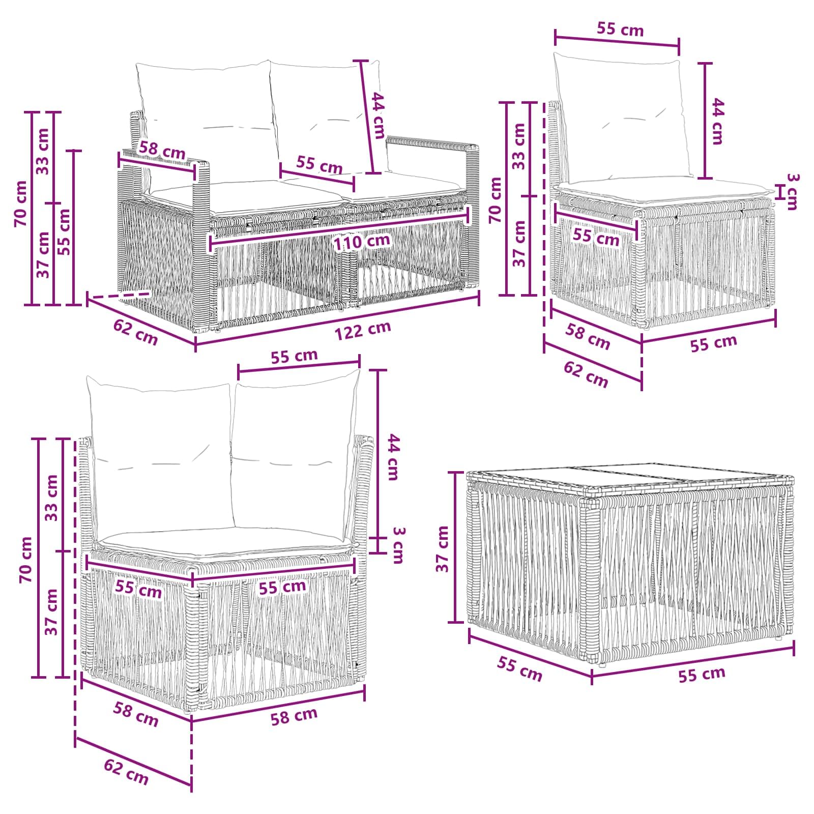 Set di divani da giardino in polyrattan, 11 pezzi, beige | Salotto modulare in polyrattan per giardino e terrazza, con federe lavabili e piedini regolabili.