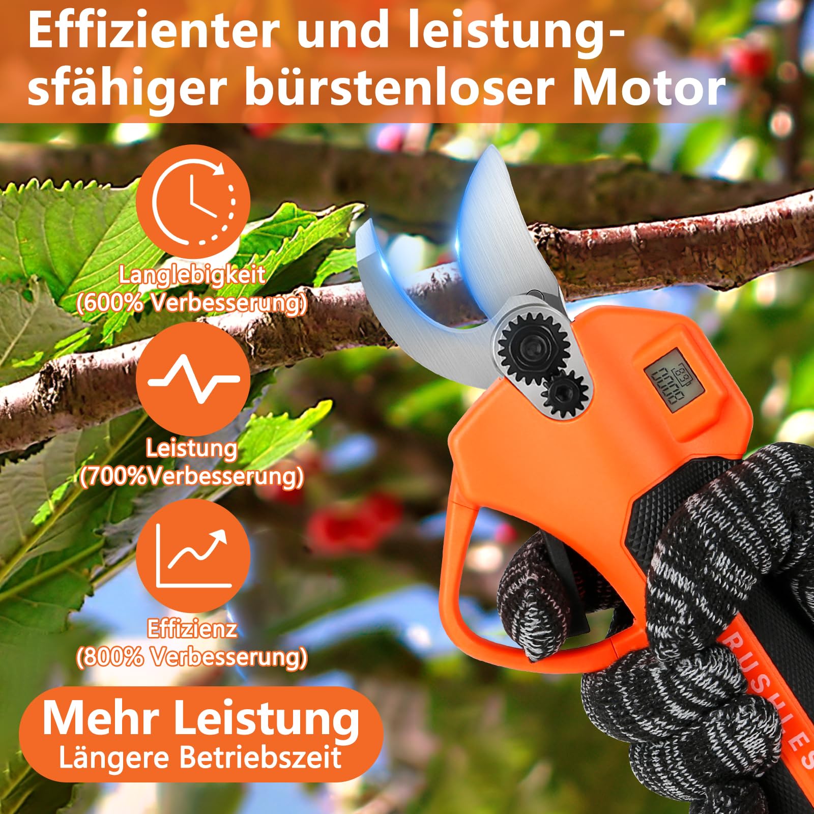 Forbici Potatura a Batteria, Forbici Elettriche Professionali da Potatura da Giardino con Écran LCD, 2 x 2000 mAh Batterie, 2 x SK5 Lame, Cesoie a Batteria Portatili Senza Fili per Frutteti, Giardini