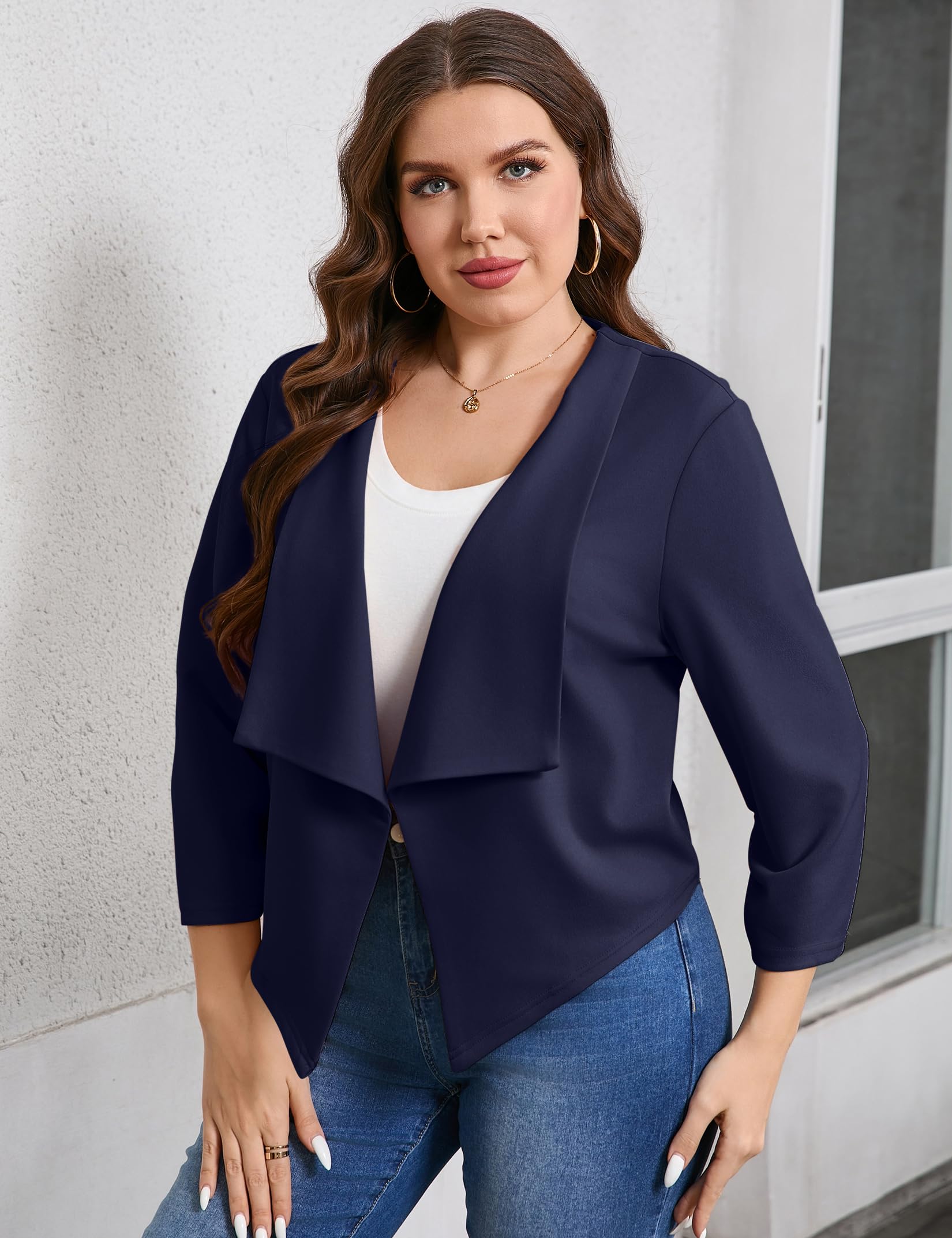 Grande Casual Blazer Open Front 3/4 Gathered Sleeve Work Office Business Size Elegante Cardigan Jackets