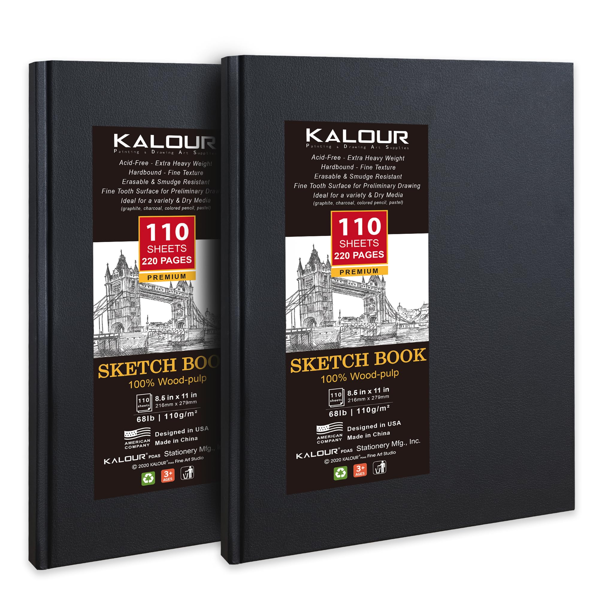 Kalour Blocco da disegno con copertina rigida, 22,5 x 27,9 cm, confezione da 2, 220 fogli (30,8 kg/110 g/m²), senza acidi, carta da disegno artistico, pittura per bambini, adulti, principianti artisti