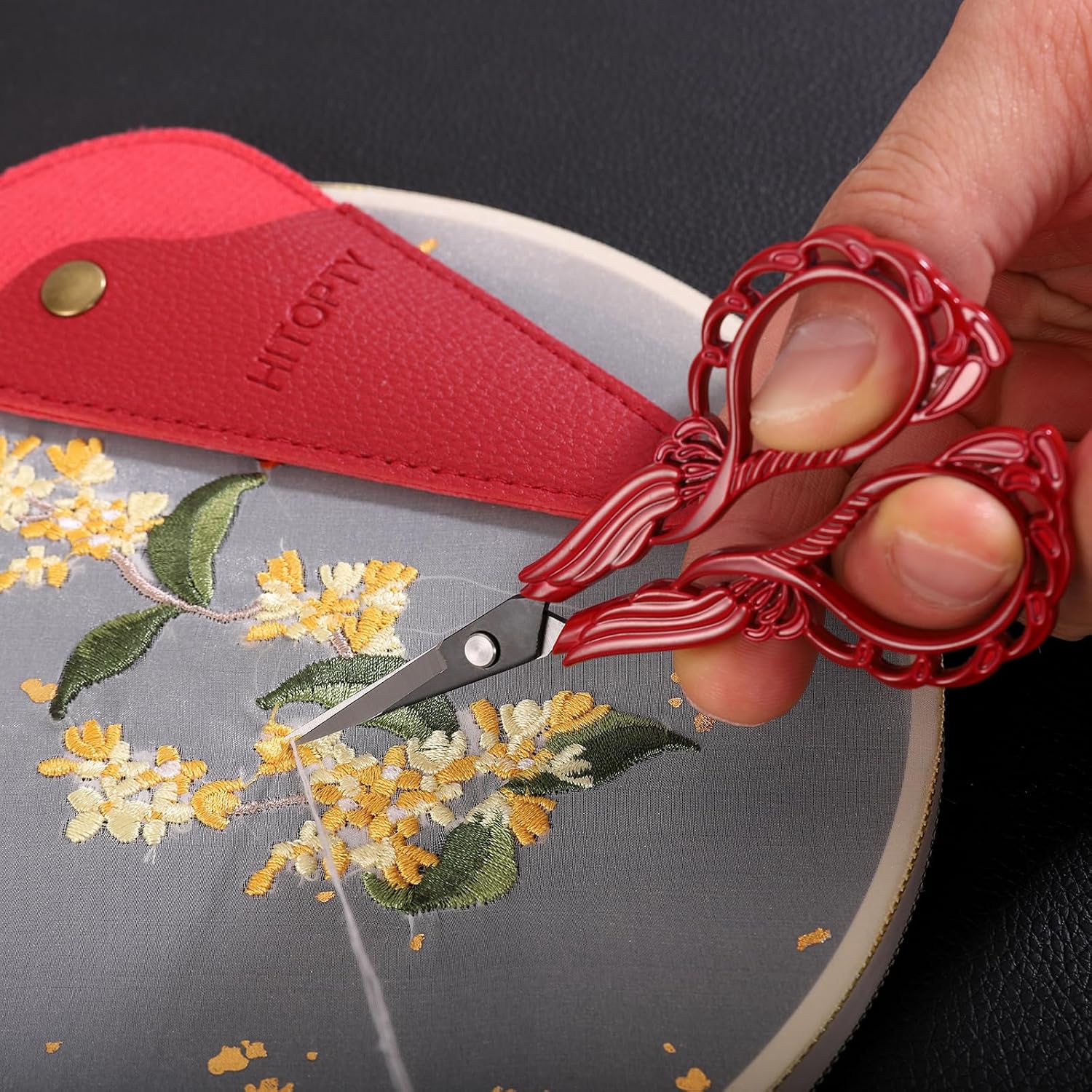 Sewing Embroidery Scissors with Cover, Sharp Threading Scissors for Needlework Craft Yarn Art Paper Detail Cutting, Straight Tip Little Snips Red Vintage
