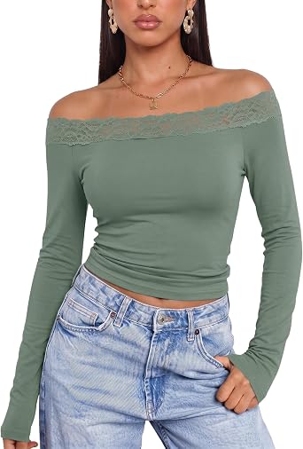 LUYAA Women Lace Trim Off The Shoulder Shirts XS-XL