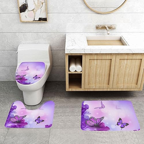Juego de alfombrillas de baño de 3 piezas con diseño de mariposa sobre flores moradas, cubierta de tapa de asiento de inodoro, suave,