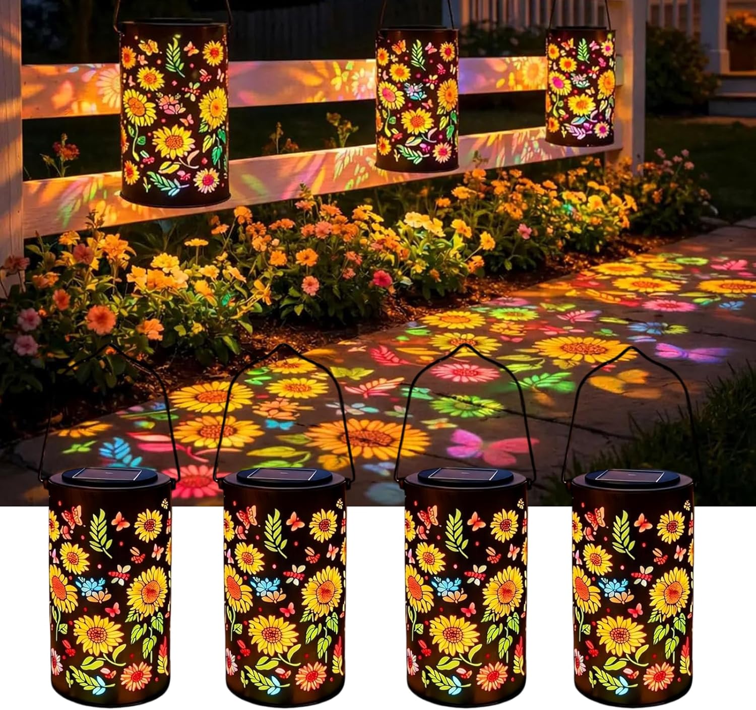 Sunflower Glow Solar Garden Lantern, Colorful Sunflower Glow Solar Garden Lantern, Sunflower Solar Lantern, Metal Solar Powered Garden Decor for Patio, Yard (4Pcs)