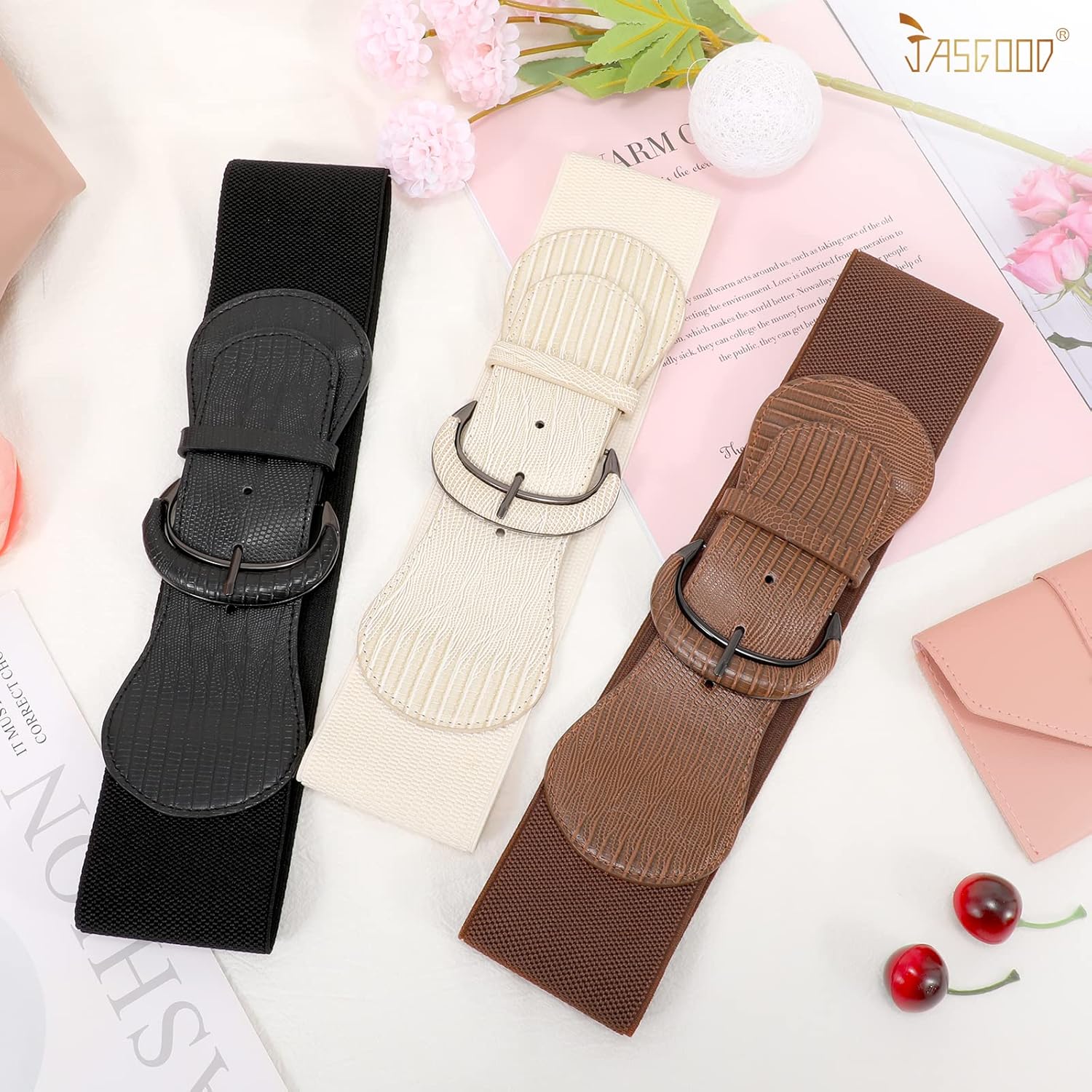 JASGOOD 3 Pack Women Stretchy Wide Waist Belt for Dress Ladies Vintage Elastic Waist Belt - Image 3