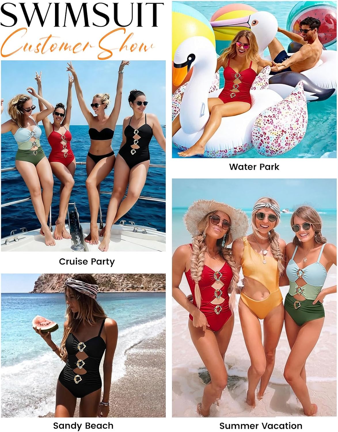 One Piece Swimsuit for Women Cutout Monokini Ruched Sexy Swimwear Color Block Metal Bathing Suit with Straps - Image 7