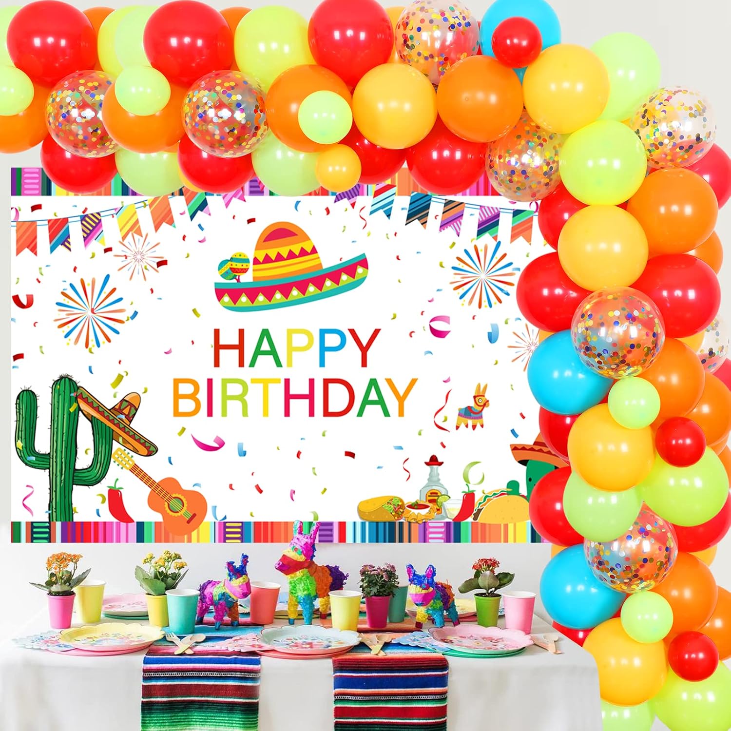 Mexican Fiesta Birthday Party Decorations - Fiesta Balloon Garland Kit Orange Blue Green, Yellow and Red, Mexican Happy Birthday Photography Backdrop for Cinco De Mayo Taco Party Supplies