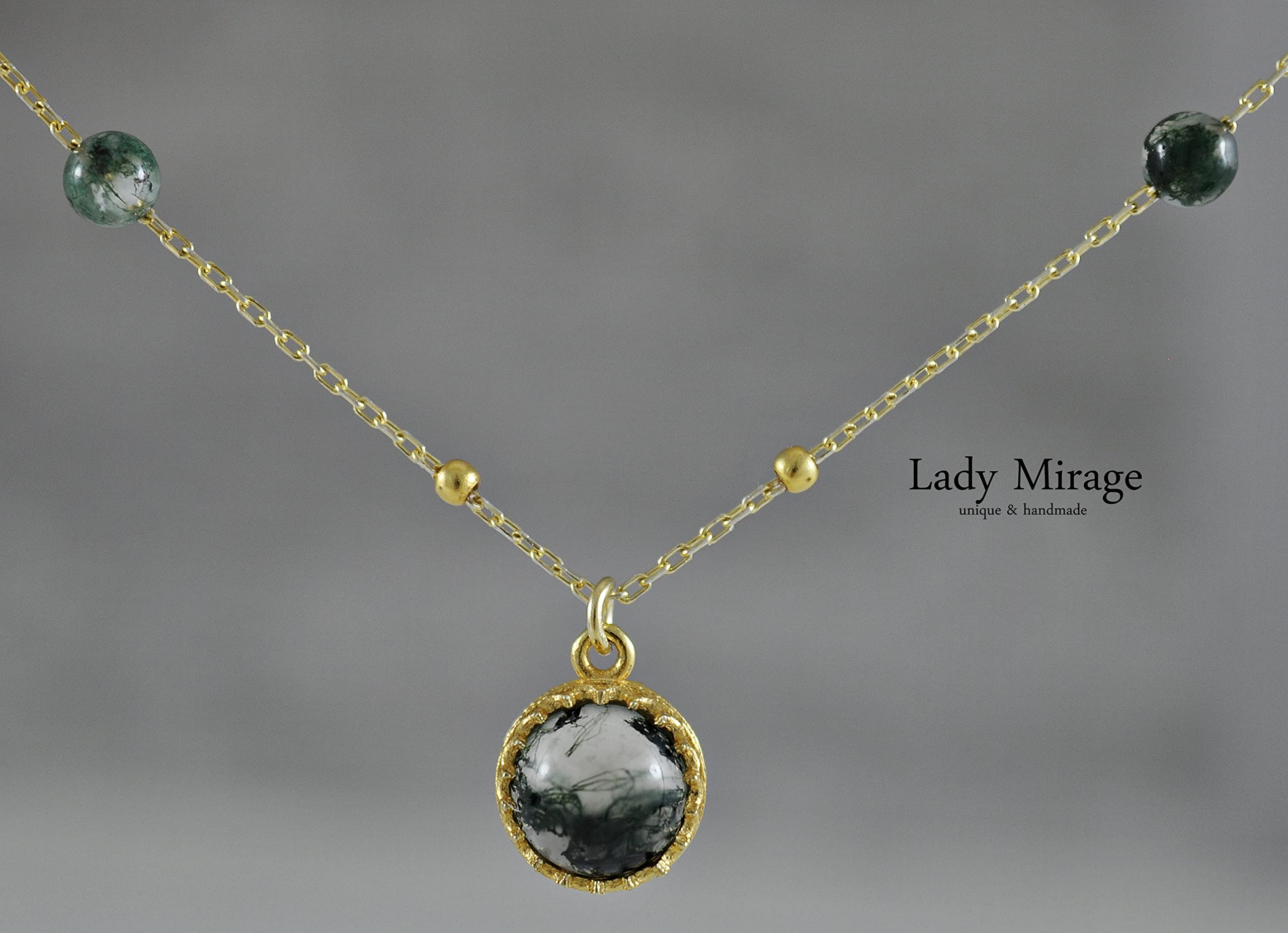 Goldkette Damen 925 - Moosachat - Kette - Halskette Damen - Geburtstag - Vergoldete Kette 45 cm - Geschenk für Sie - Schmuck Geschenk - Handmade