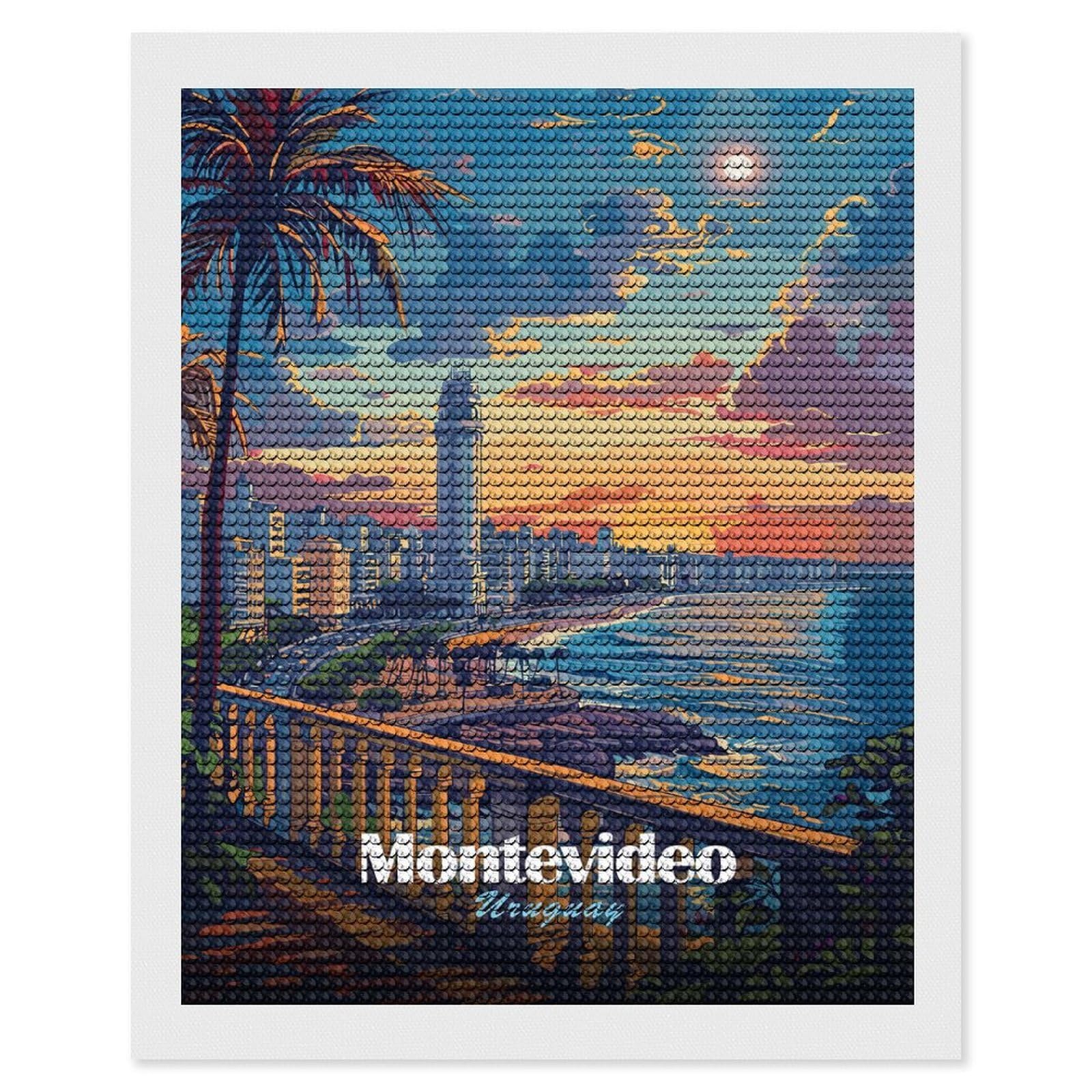 Junmoney Montevideo Uruguay Cityscape at Sunset Diamond Painting Canvas Set 16"x20", for Adults, Sparkling Round Gems, Thoughtful Handmade Gift, Modern Decor
