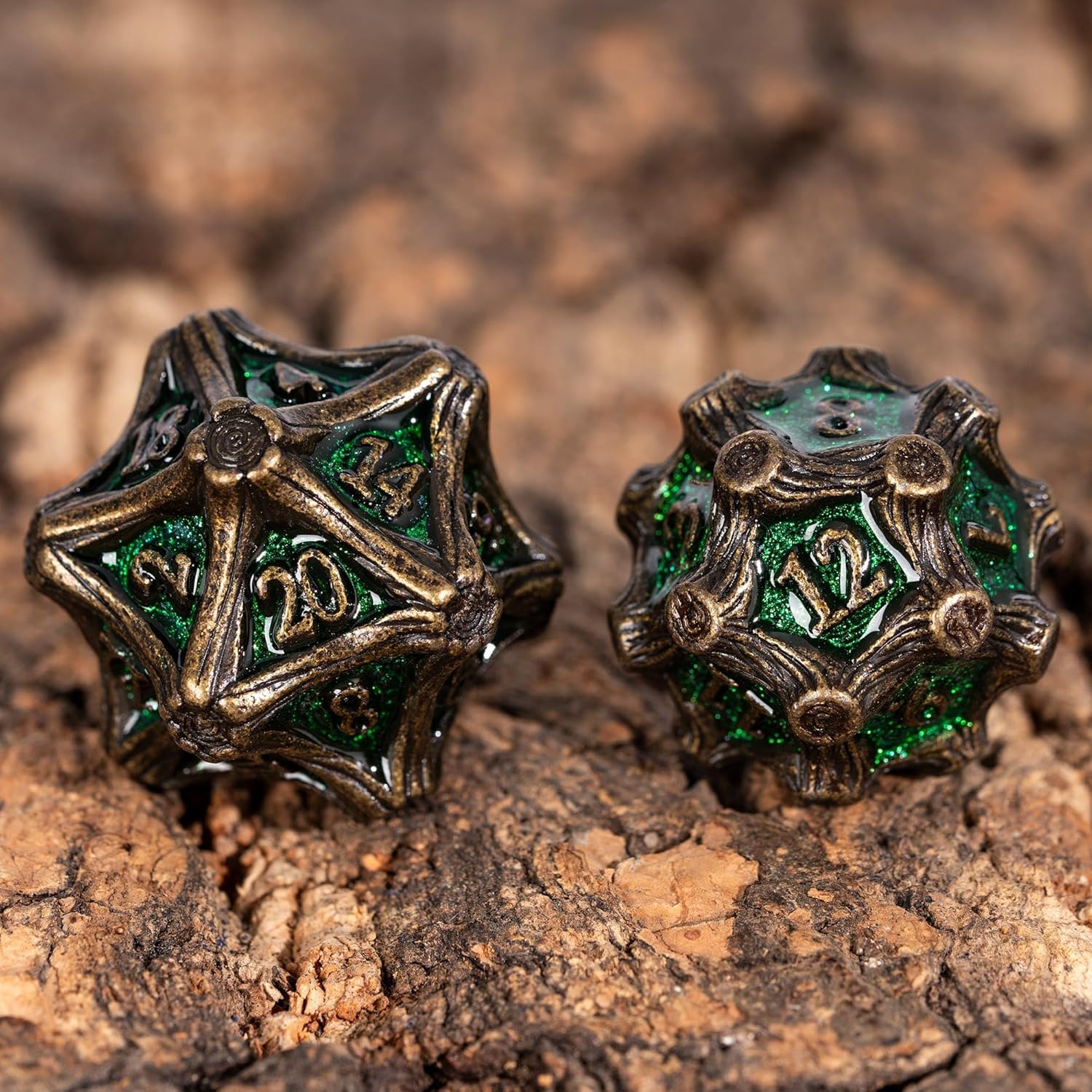 7 Piece Metal DND Dice Bronze Green Metal Dice Set D&D with Leather Bag for Role Playing Game and Board Game