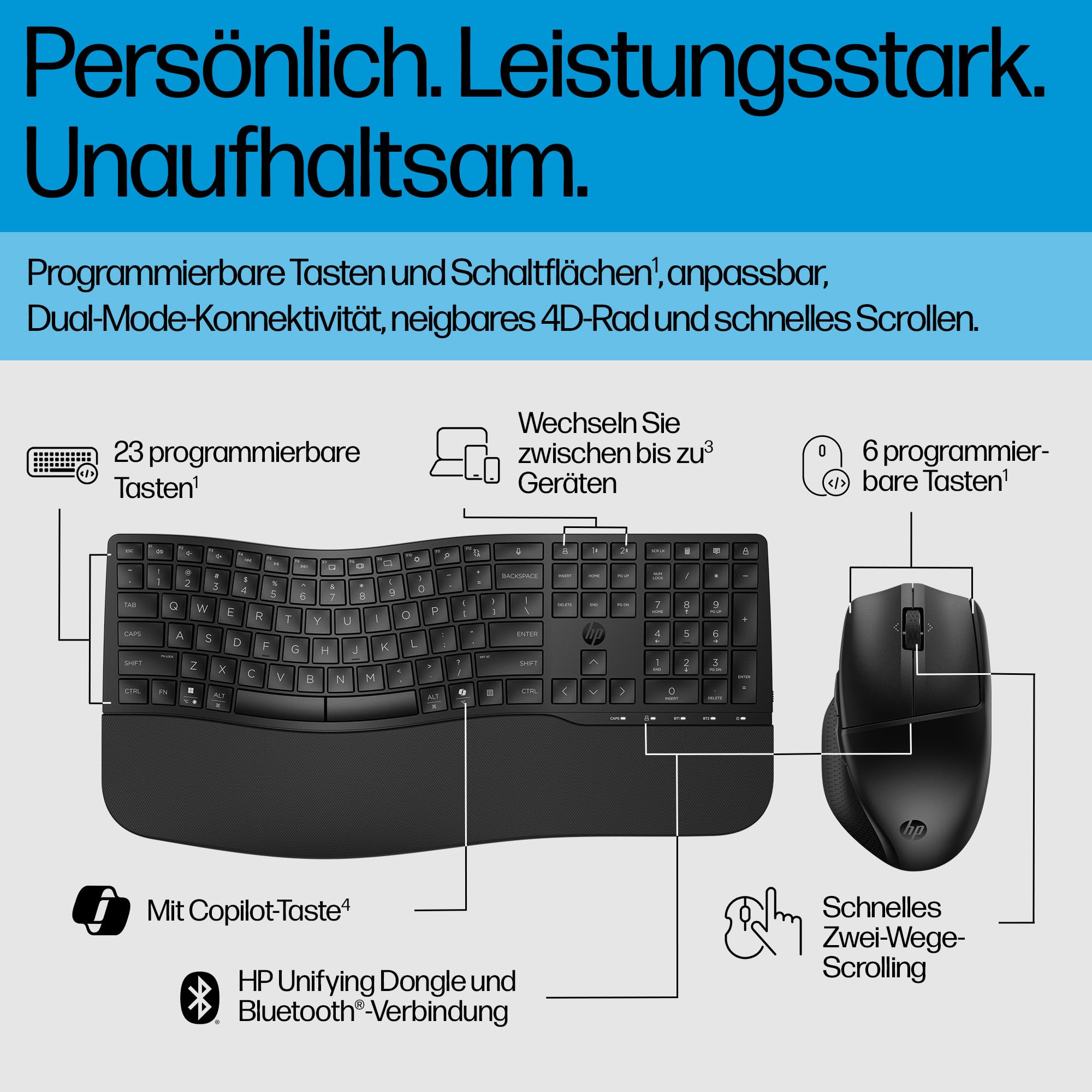 HP 680 Comfort Dual-Mode Tastatur und Maus Set, QWERTZ Deutsches Layout, Kabellos, Bluetooth & 2,4GHz, leise Tasten, ergonomisch, 4D-Scrollrad, programmierbare Tasten, für Windows, macOS & ChromeOS