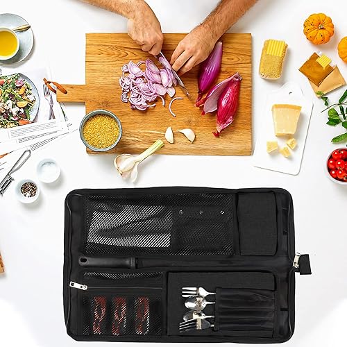 Miniatura 8 de Rollo de cuchillos, bolsa para cuchillos de chef, estuche resistente para cuchillos, 13 ranuras para cuchillos de chefs, bolsa de chef para