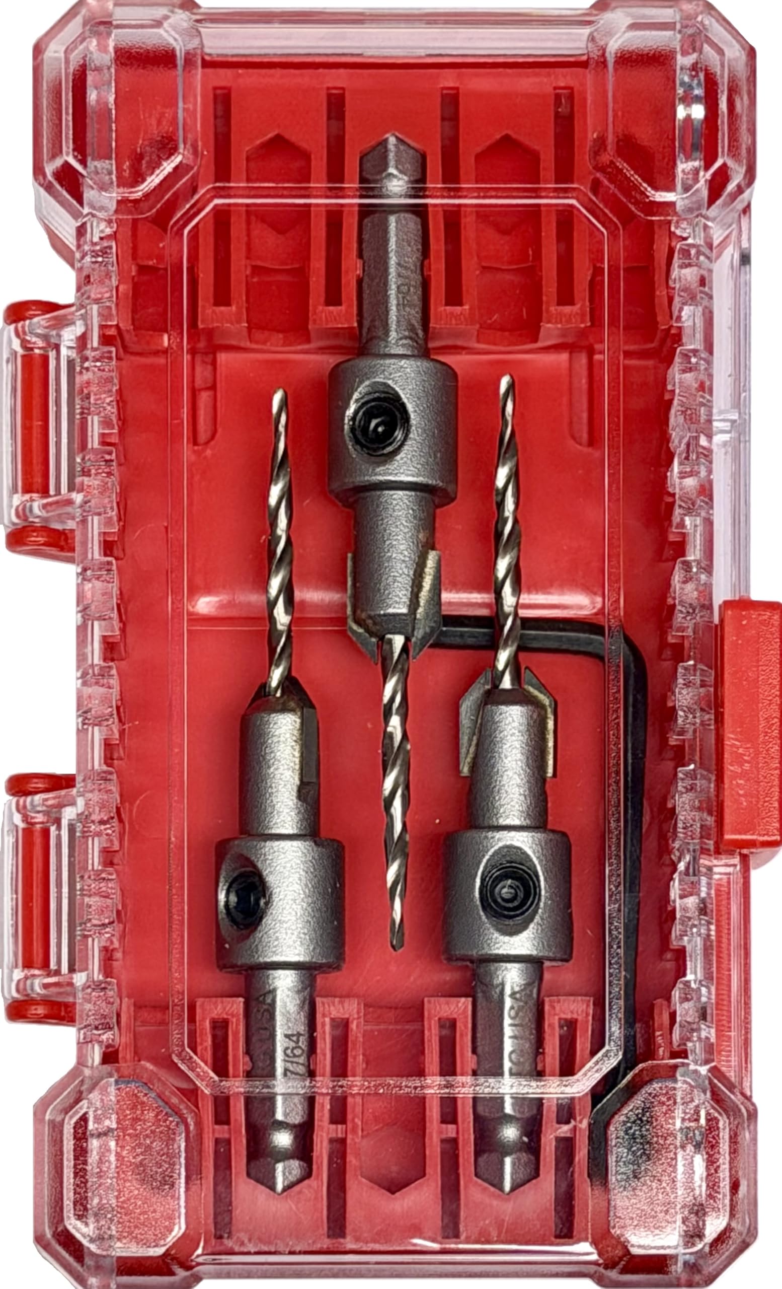 FTG USA 3 punte da trapano con punta in carburo di tungsteno #4 (7/64") con punta da trapano conica, codolo esagonale da 1/4", cambio rapido per la lavorazione del legno, con scatola portaoggetti