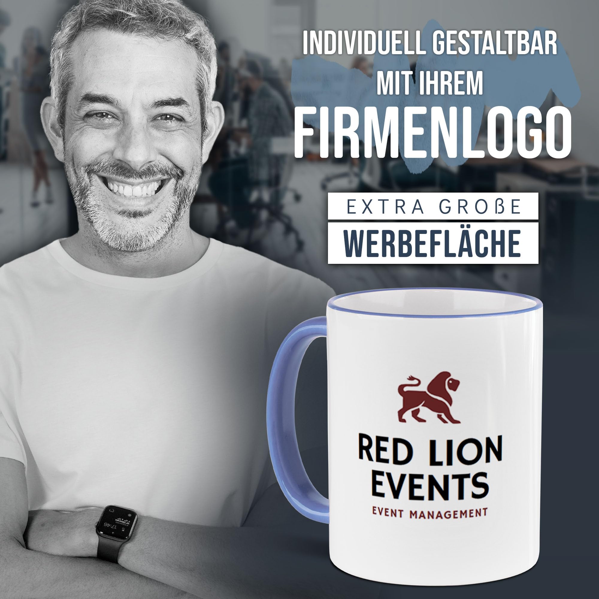 Tassendruck Firmen-Tassen 48 Stück mit eigenem Logo gestalten - Geschenke zum Firmenjubiläum, für Kollegen, Merchandise, B2B | Personalisierte Fotogeschenke - Rand & Henkel Cambridge Blau, 300 ml