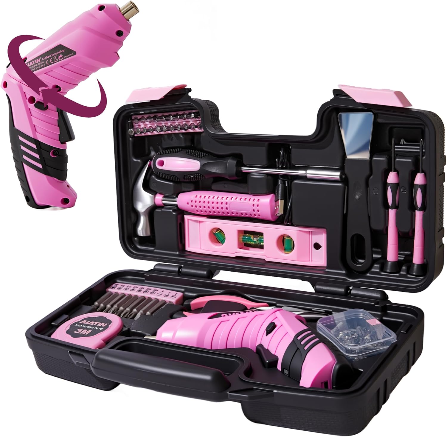 Kit de Herramientas Rosa para Mujeres, 40 Piezas con Taladro y Maletín