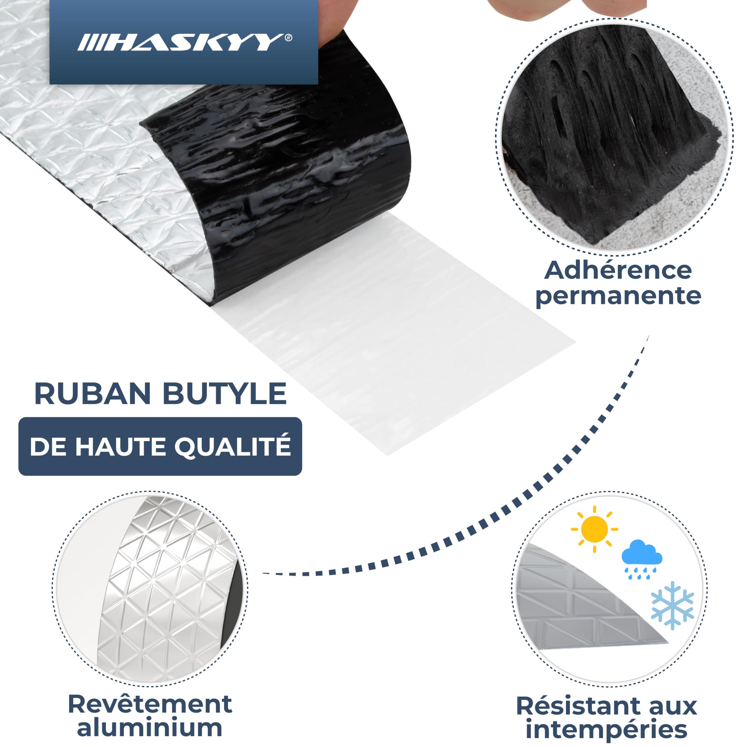 HASKYY Ruban d'étanchéité en butyle 50mm x 5m Bande adhésive aluminium imperméable réparation argent