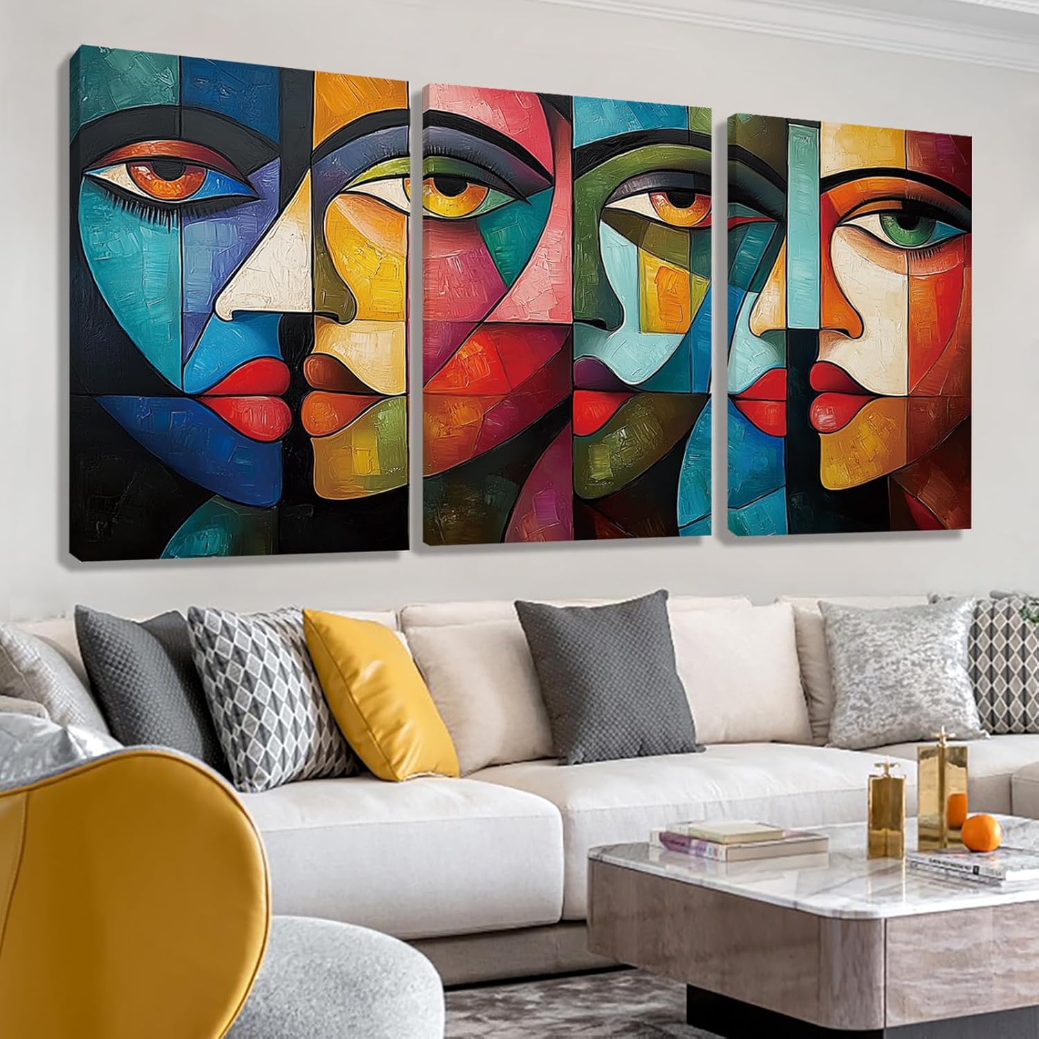 WithHope Picasso-Inspired Abstract Wall Art – 3 Panel Colorful Face Canvas Painting, Modern Geometric Portrait Artwork for Living Room Bedroom Office Decoration (16" x 24" x 3 pcs)