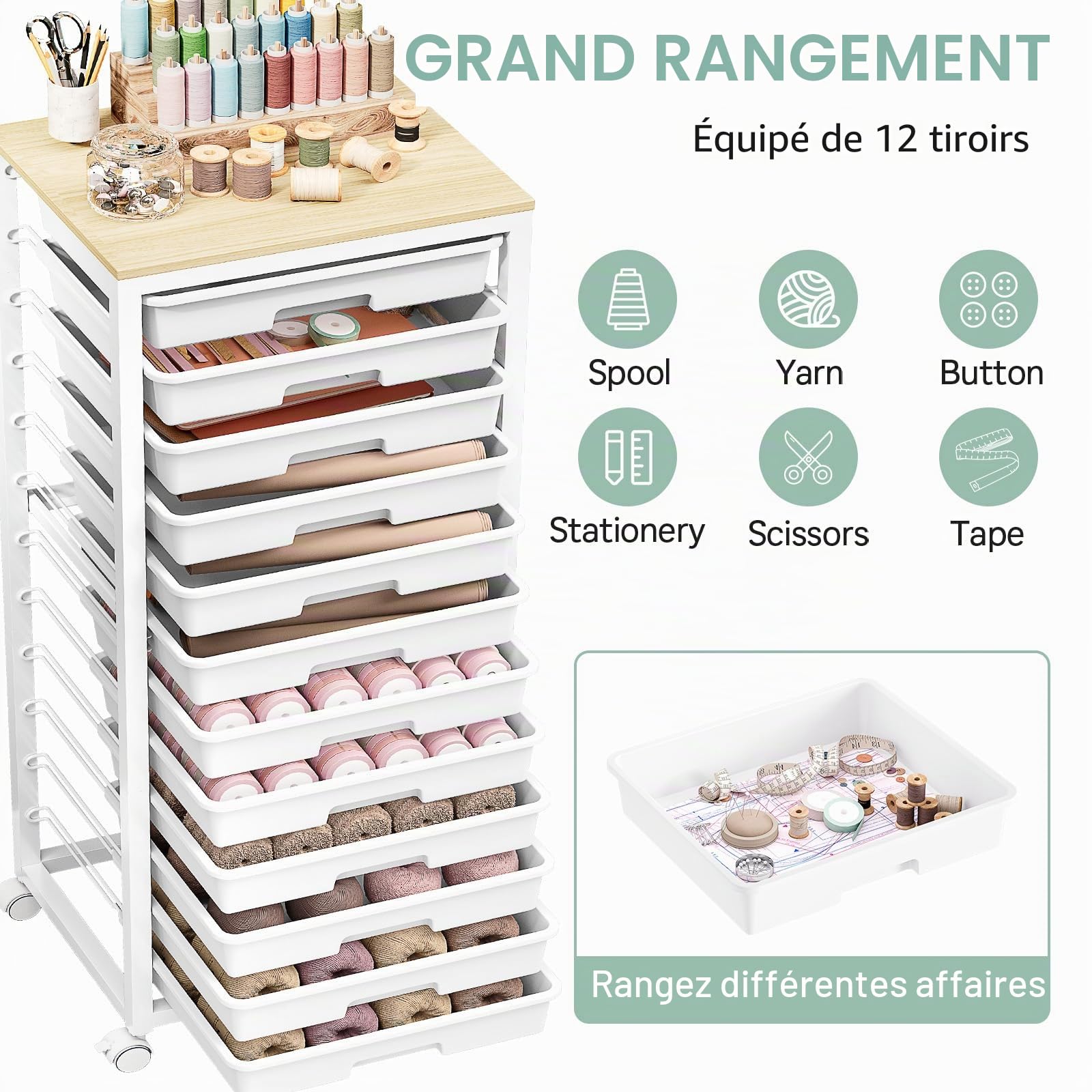 SYKIARIOL Chariot à roulettes avec 12 tiroirs - Chariot de bricolage mobile avec plateau en bois, idéal pour l'organisation à la maison et au bureau (blanc)
