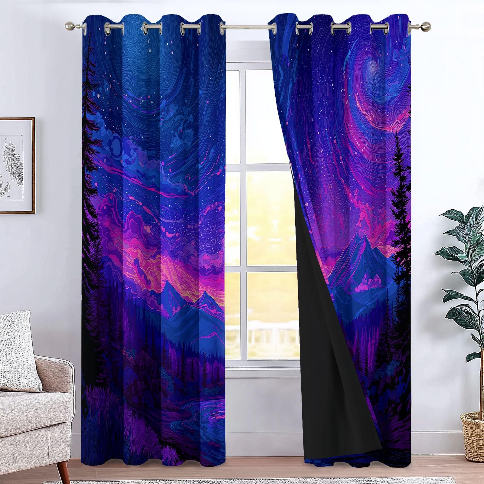 Rideau Occultant 3D Violet Fantaisie Nébuleuse Vallée Rideau Fenêtre Isolant Thermique Phonique Opaque à Oeillets pour Chambre d'enfant Maison Salon Décoration, Lot de 2 Rideaux 100 x 110 cm