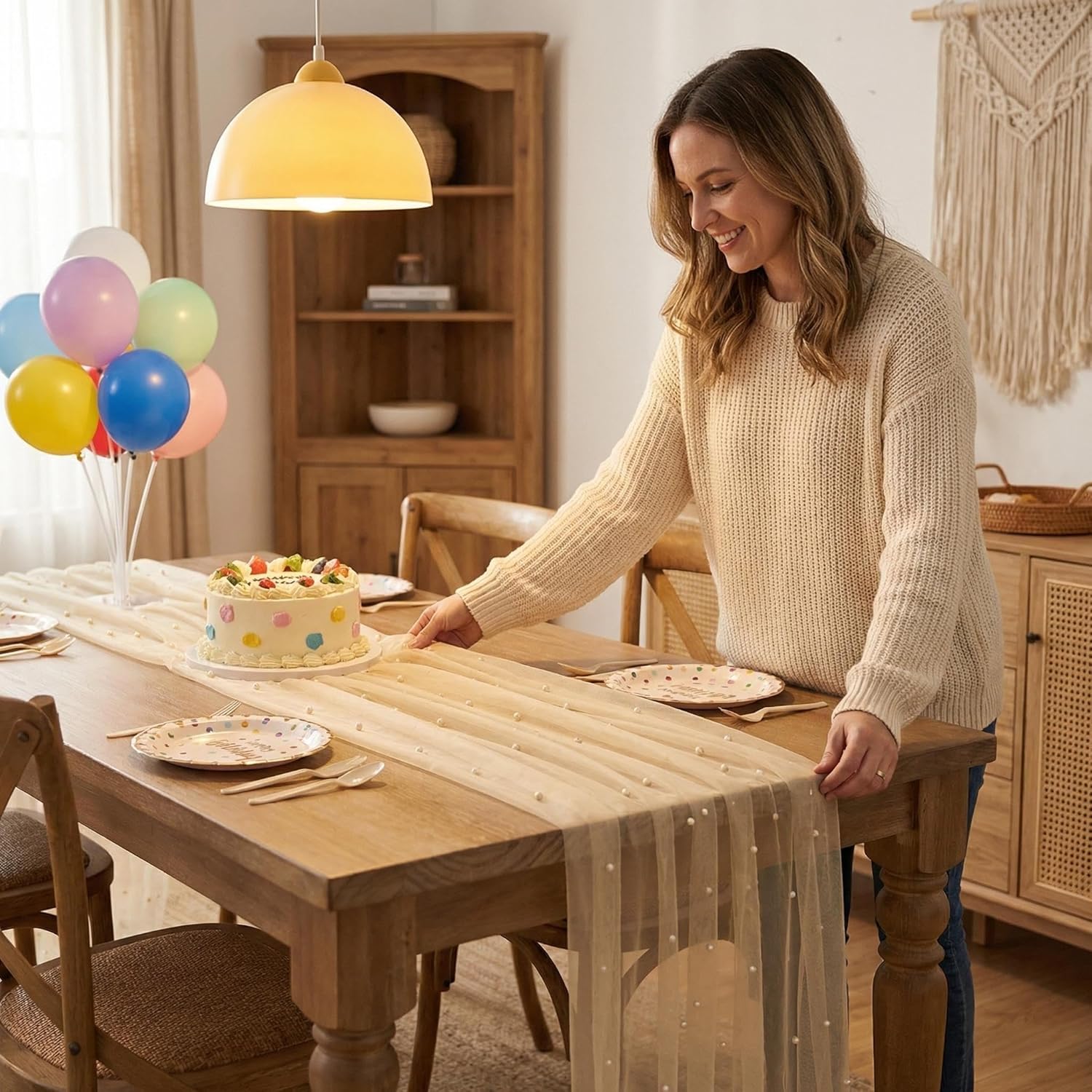 8PCSChampagne Pearl Table Runner 120 Inch, Sheer Tulle Mesh Wedding Table Decorations with Pearls, Elegant Boho Fabric Runner for Bridal Shower Birthday Party Reception Centerpiece