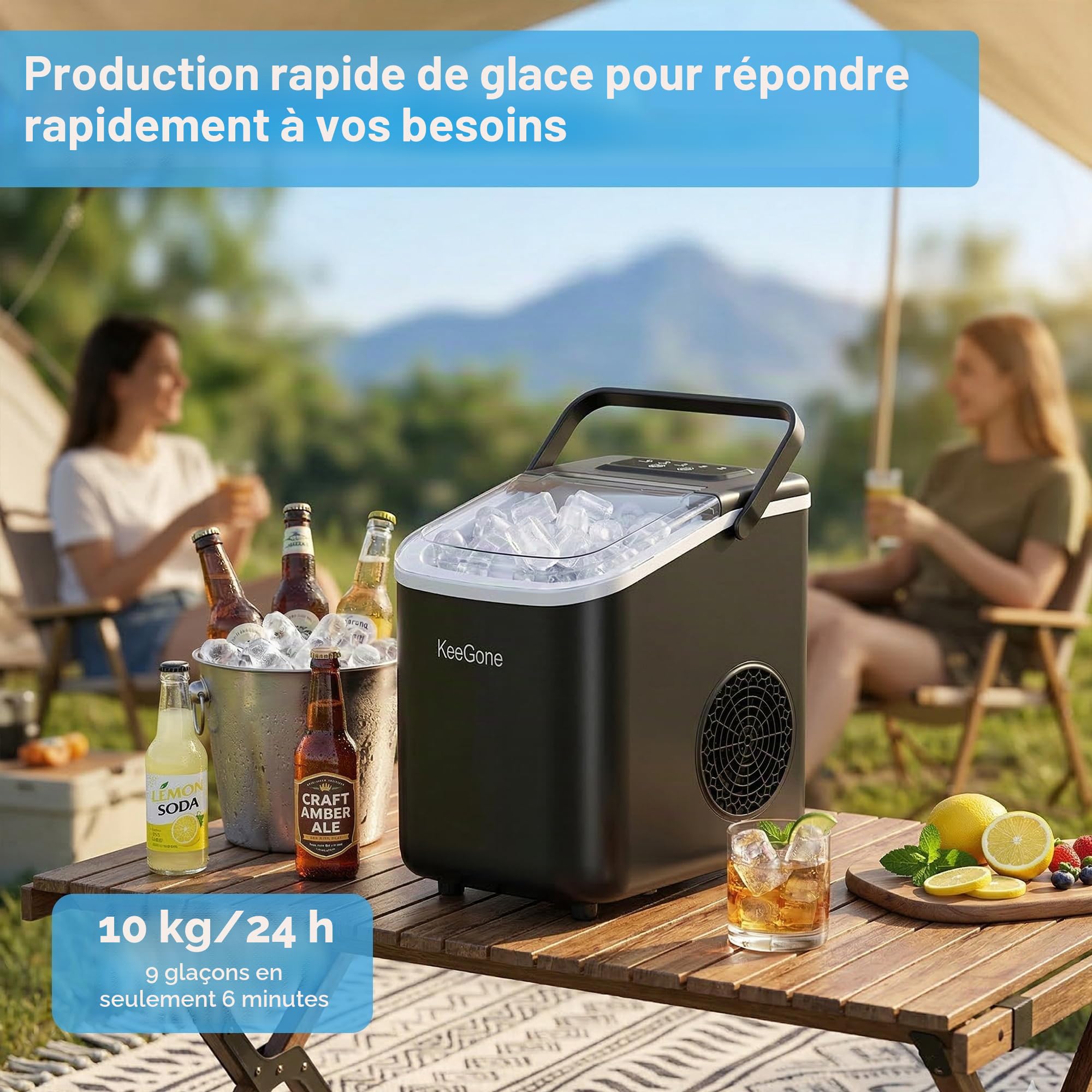 Petite machine à glaçons avec réservoir d'eau de 1,2 l, 9 cubes en 6 minutes, noire, avec poignée portable, 10 kg/24 h, machine à glaçons autonettoyante pour cuisine, bureau, bar et fête