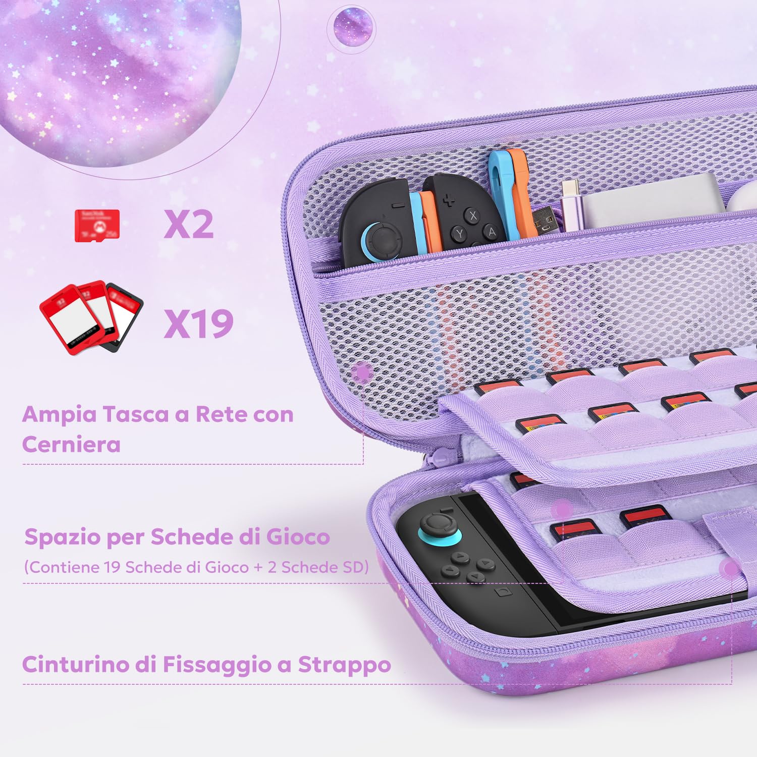 innoAura Custodia per Switch 2, Custodia da Trasporto in PU Resistente agli Schizzi e Antiurto per Switch 2, Tasca in Rete Extra Grande, Doppia Cerniera, Slot AirTag (Non Incluso), Viola Galaxy