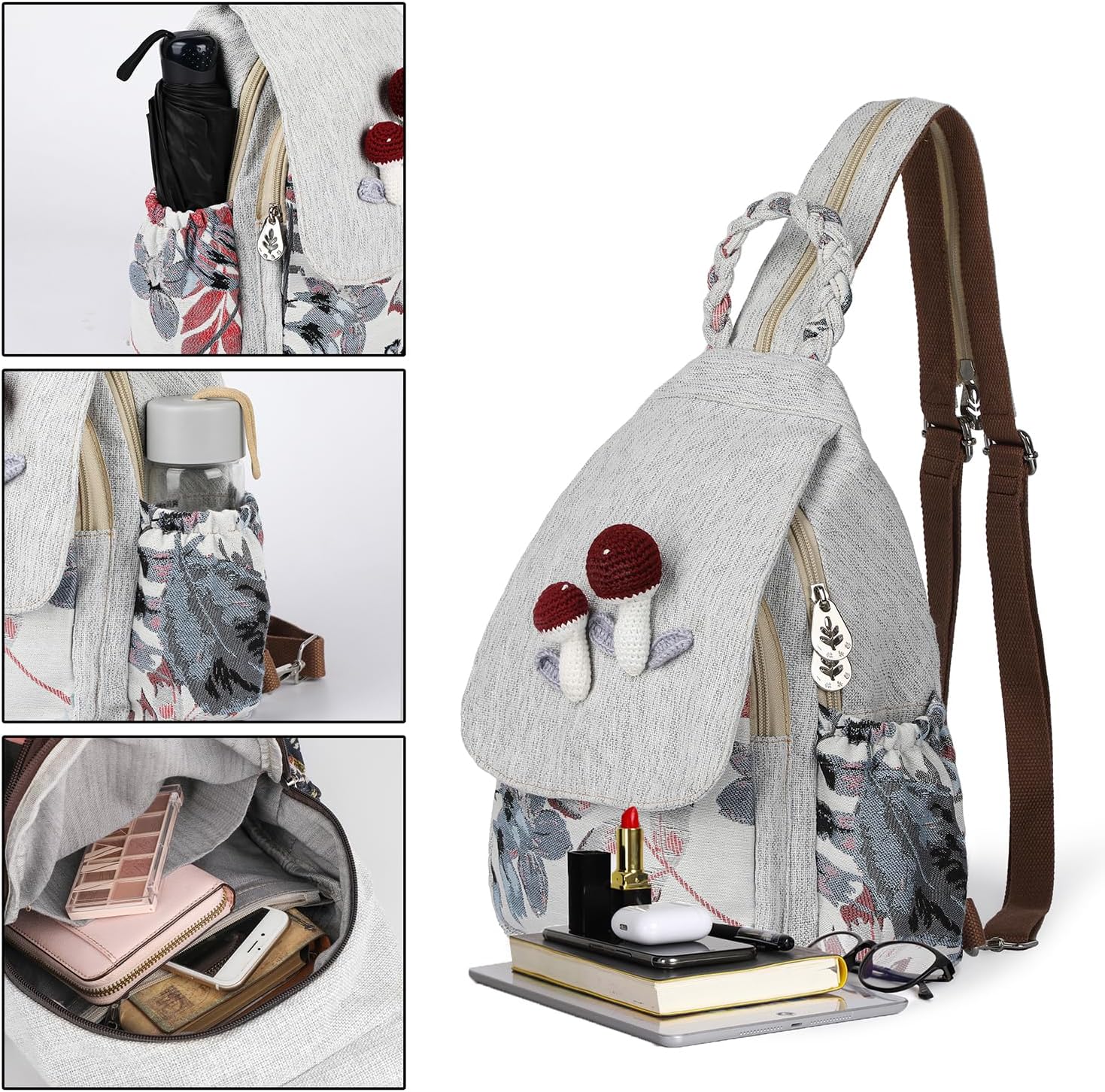 Ladys Convertible Sling Bag, Hand Craft Artisan Purse, Beautiful Mushroom Canvas Premium Casual Day Mini Backpack for women - Image 3
