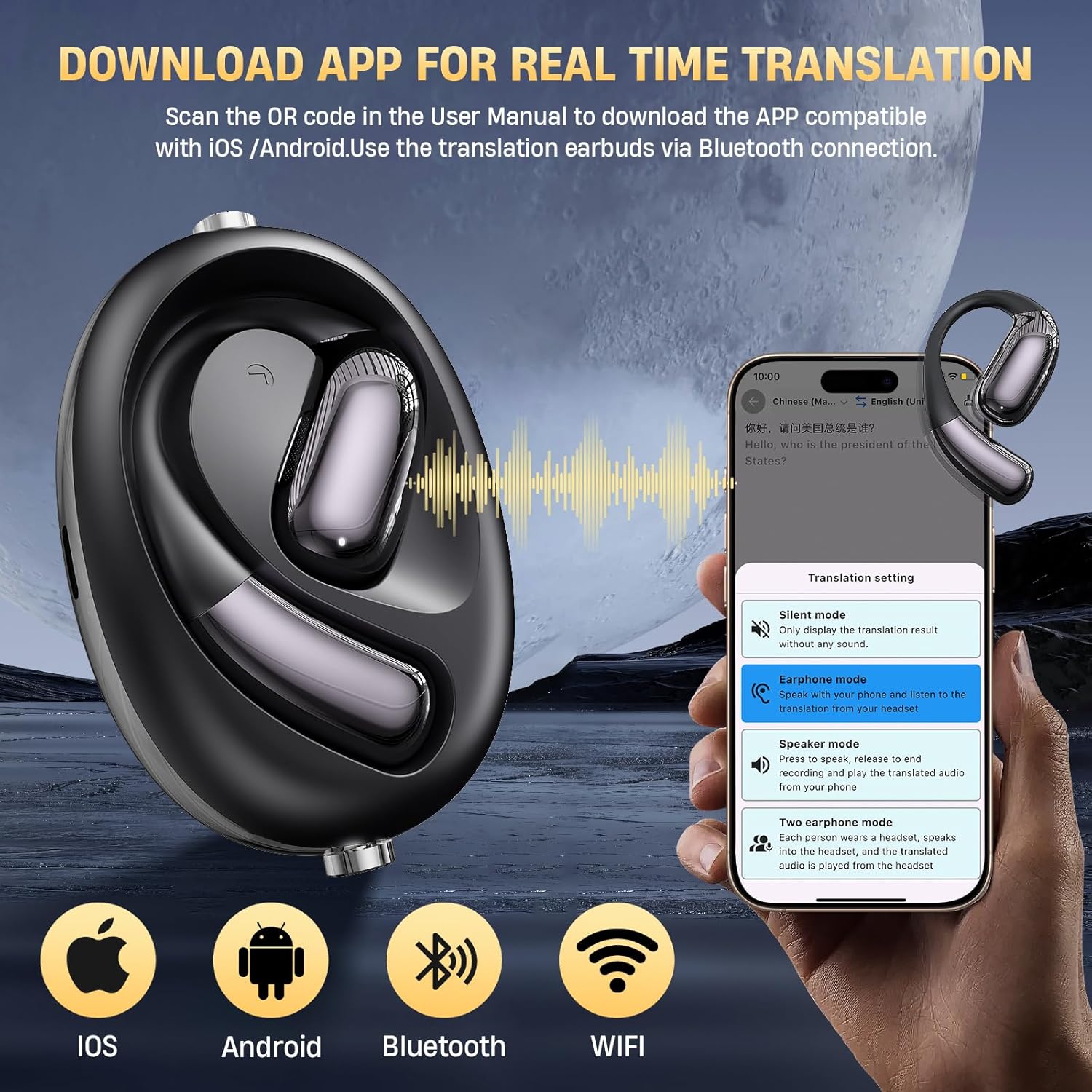 Ai Translation Earbuds, Real Time 3-in-1 Translator Earbuds 144 Language with APP Compatible with iOS & Android,Wireless Bluetooth Headphones Translating Device for Travel Business and Learning - Image 2