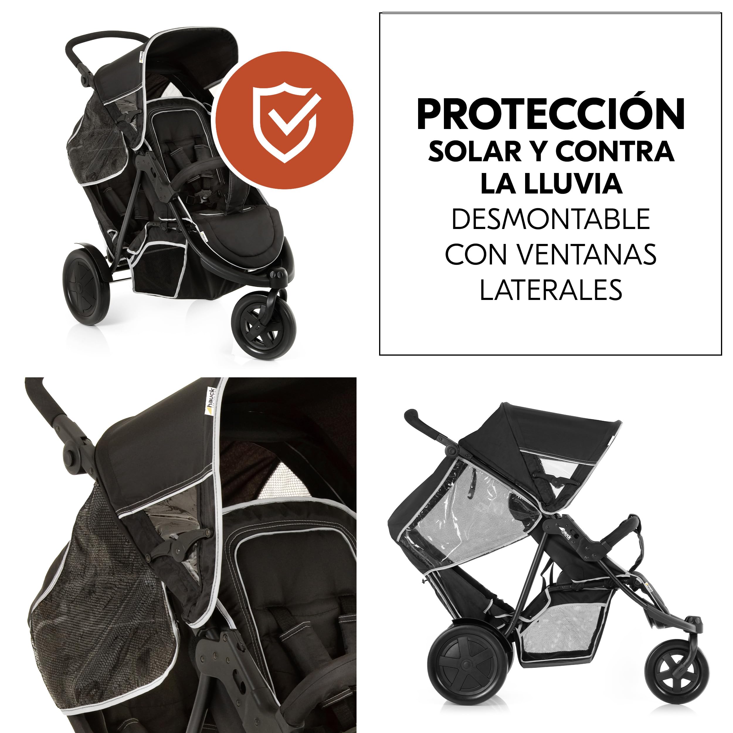 hauck Freerider Carro Gemelar Reclinable, Silla de Paseo Gemelar Plegable, Carrito Gemelos Ligero, Asientos Desmontables, Arnés 5 Puntos, Ruedas Grandes, hasta 30 kg, Negro