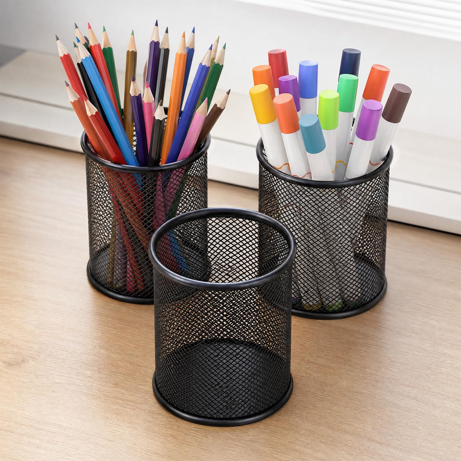 3 Pack Pen Holder for Desk, Mesh Metal with Non-Slip EVA Pad, Black, 3 Pack, 3.7'' Tall