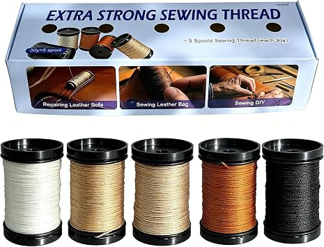 Extra Strong Upholstery Repair Sewing Thread Kit and Heavy Duty Household Hand Needles, Including 5 Rolls Nylon Thread,7 Styles of Leather Canvas Sewing Needles and 1 Needle Threader