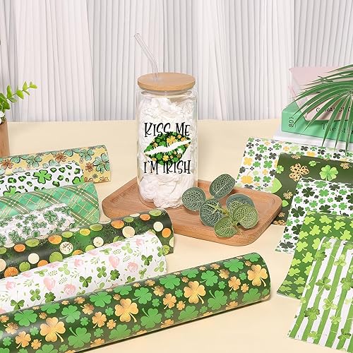 Miniatura 6 de Tintnut Vinilo permanente para el Día de San Patricio, vinilo adhesivo con patrón de trébol verde, 12 hojas de 12 x 10 pulgadas, vinilo para