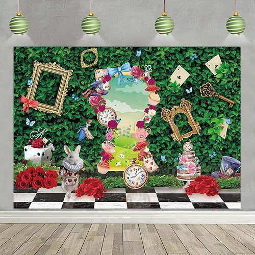 Miniatura 5 de Fondo de fiesta de té del país de las maravillas con hojas verdes, tablero de ajedrez, conejo, país de las maravillas, fondo para fotografía,