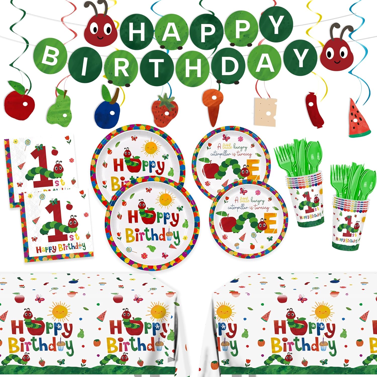 179Pcs Caterpillar 1st Birthday Party Supplies Green Insect Plates Napkins Tablecloth Banner Hungry Bug Party Decoration for Kids Birthday Baby Shower Serve 24
